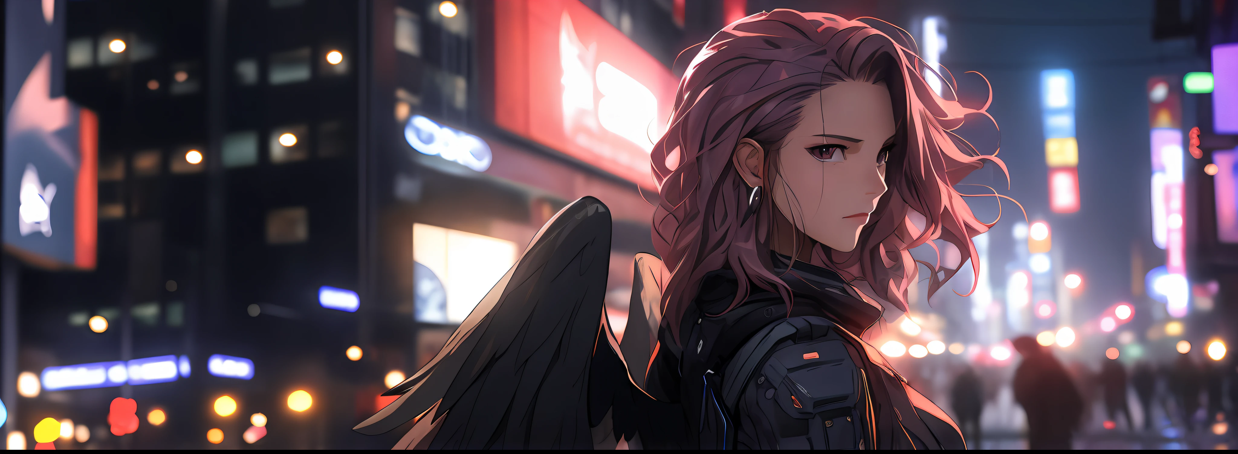 Anime girl with angel wings and halo in city night, Burgundy hair,angelic halo,Cyberpunk Uniforms,looks into camera,delicated face,Hydrated red eyes,detailedbackground,at centre,insane detailed,Ultra-high sharpness,concept-art,number art,with dynamism,(The most beautiful art in the world:1.2),(V0id3nergy:1.3)