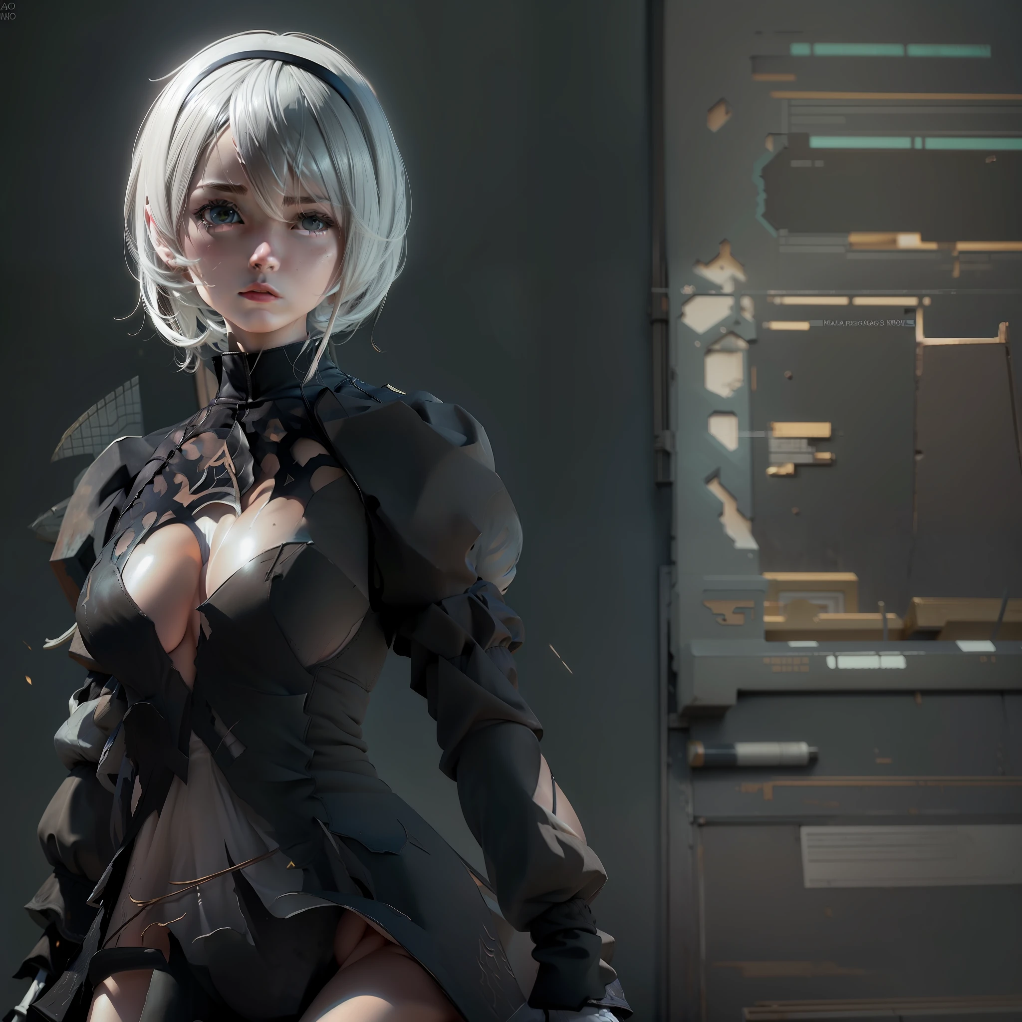 ((mejor calidad)), ((obra maestra)), (muy detallado:1.3), ..3d, hermoso (cyberpunk:1.3) 2b nier automata, ((Unidad Yorha no 2 tipo B)), ((falta muy corta)) ((perfecto)) vida real, Una chica, cabin, Humano, Grande, ombligo, desnudez, (Obra maestra, highest qualityr), Rayo lateral, , hermosos ojos detallados, cadena de esclavos, collar de esclavo, trasero perfecto, pechos mojados, Ropa de esclavo, boca abierta, ahe-cara, rough breathing, sonrojarse, sudar, Ropa de esclavo, cabello multicolor, Dumpling pelo, cuerpo completo, Ropa reveladora, terminales de computadora operativas, servidores de computadora, Pantallas LCD, fibre optic cables, Logotipos corporativos, HDR (High Dymanic Range), Trazado de rayos, NVIDIA RTX, Super resolution, Irreal 5, Sub-Surface Scatterring, Texturas PBR, postprocesamiento, Anisotropic filtering, profundidad de campo, maximum sharpness and sharpness, Texturas multicapa, Mapeo de albedo y especular, sombreado de superficie, Accurate simulation of light-material interactions, proporciones perfectas, octane representation, duotone lighting, ISO bajo, balance de blancos, regla de tercios, apertura amplia, 8K RAW, high-efficiency subpixels, sub-pixel convolution, glow particles,