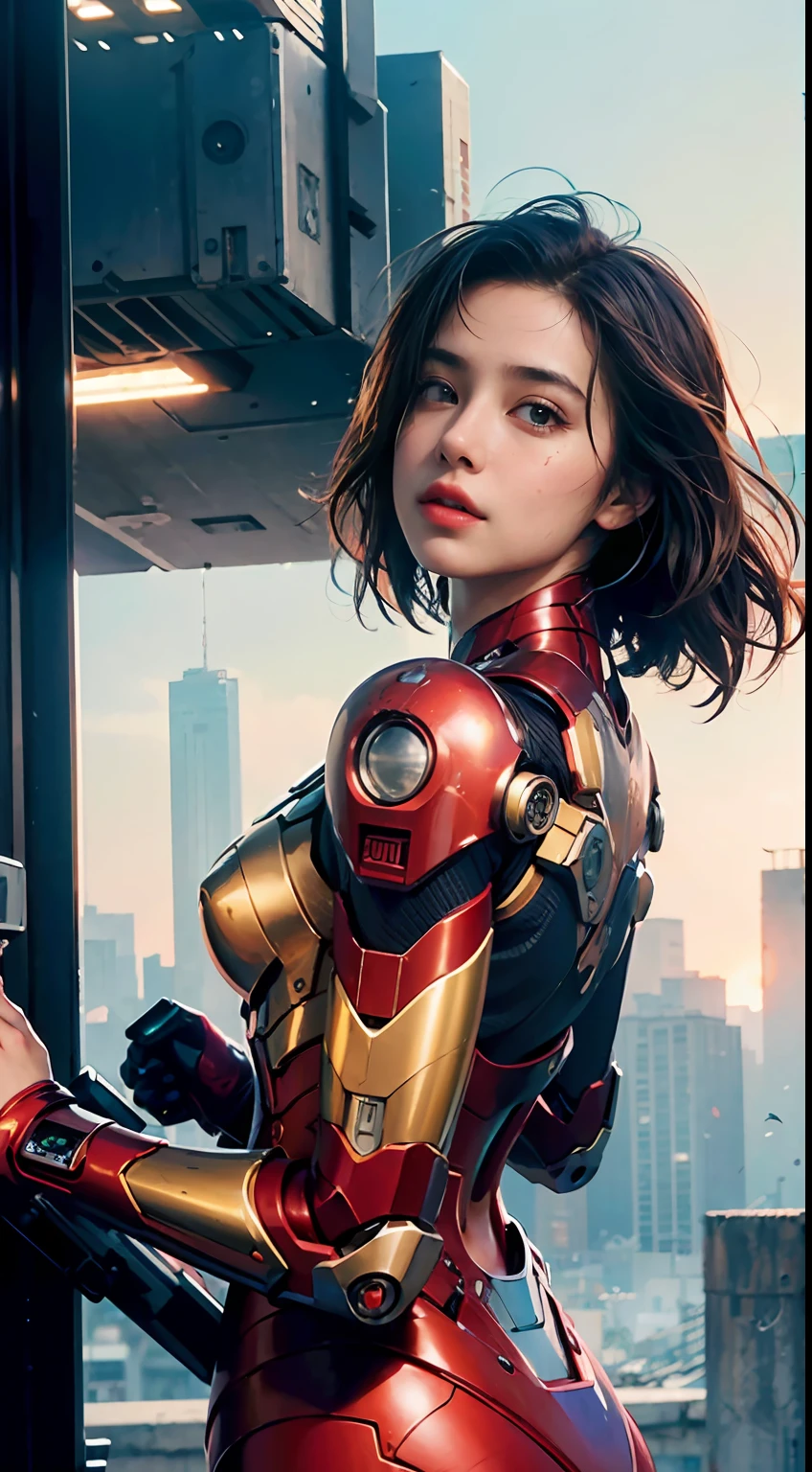 (1girl:1.3), solo,__body-parts__, official art, unity 8k wallpaper, ultra detailed, beautiful and aesthetic, beautiful, masterpiece, best quality, RAW, masterpiece, super fine photo,, best quality, super high Resolution, photorealistic, sunlight, full body portrait, stunningly beautiful,, dynamic pose, delicate face, vibrant eyes, (side view), she is wearing a futuristic Iron Man mech, red and gold, Highly detailed abandoned warehouse background, detailed face, detailed complex busy background, messy, gorgeous, milky, high detailed skin, realistic skin details, visible pores, sharp focus, volumetric fog, 8k uhd, dslr camera, High quality, film grain, fair skin, photorealism, lomography, sprawling metropolis in a futuristic dystopia, view from below, translucent