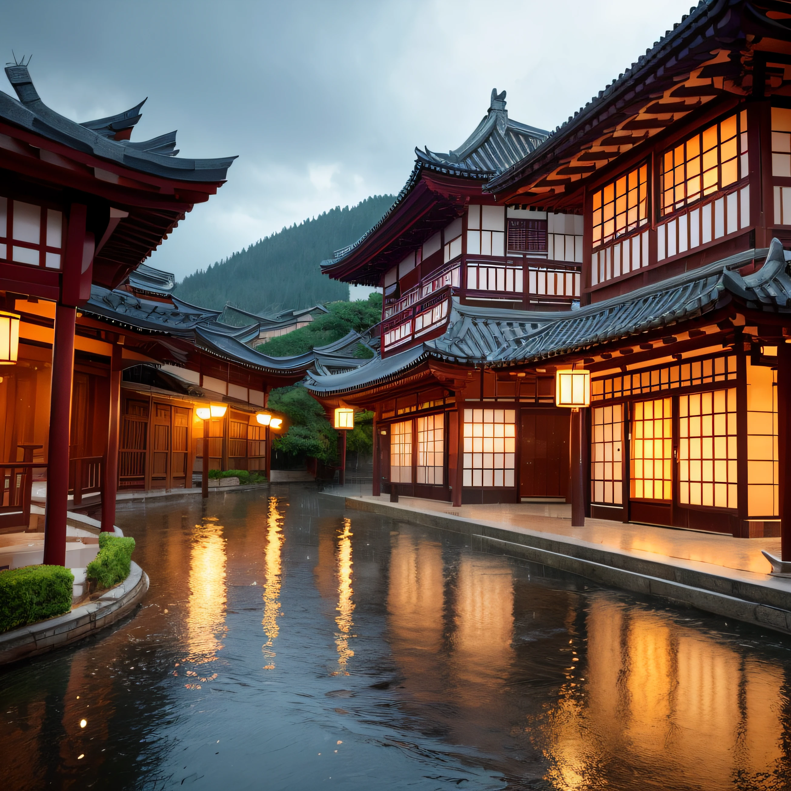 arafed view of a village with a lot of lights on the buildings, dreamy chinese town, chinese village, amazing wallpaper, japanese town, japanese village, hyper realistic photo of a town, old asian village, japanese city, by Raymond Han, rainy evening, cyberpunk chinese ancient castle, beautifully lit buildings, at evening during rain, beautiful and aesthetic, photography, cinematic, 8k, high detailed ((Heavy rain))) --auto