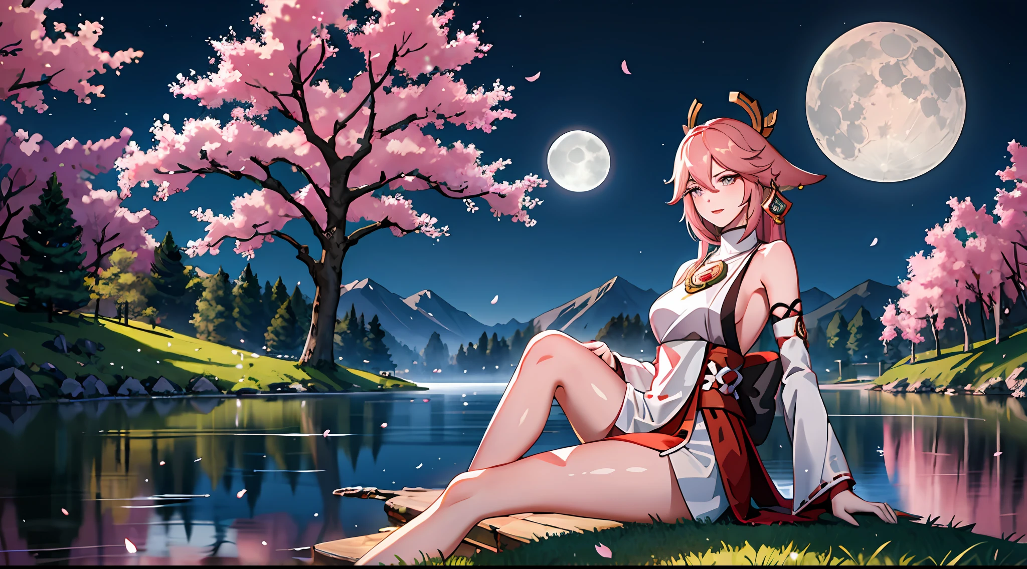 (Masterpiece 1.3, 8k resolution, ultra-realistic, very detailed), (Intricate Detail), Perfect Detail Face, Detailed Eyes, Very Detailed, Blush, waist constriction, beautiful legs, taut skin, very detailed face and skin texture, double eyelids, pale cheeks, healthy skin, Detailed Background, Realistic Photo, Sharp Focus: 1.2, Perfect + Slender Style, ((original yae miko sit on grass, under the big tree beside the lake looking at the moon)), full body, landscape, (forest of cherry blossom trees, lakeside, ((at night)), fireflies, dynamic lights, dynamic angle, the most beautiful form of chaos, (vivid colours)), (full moon)