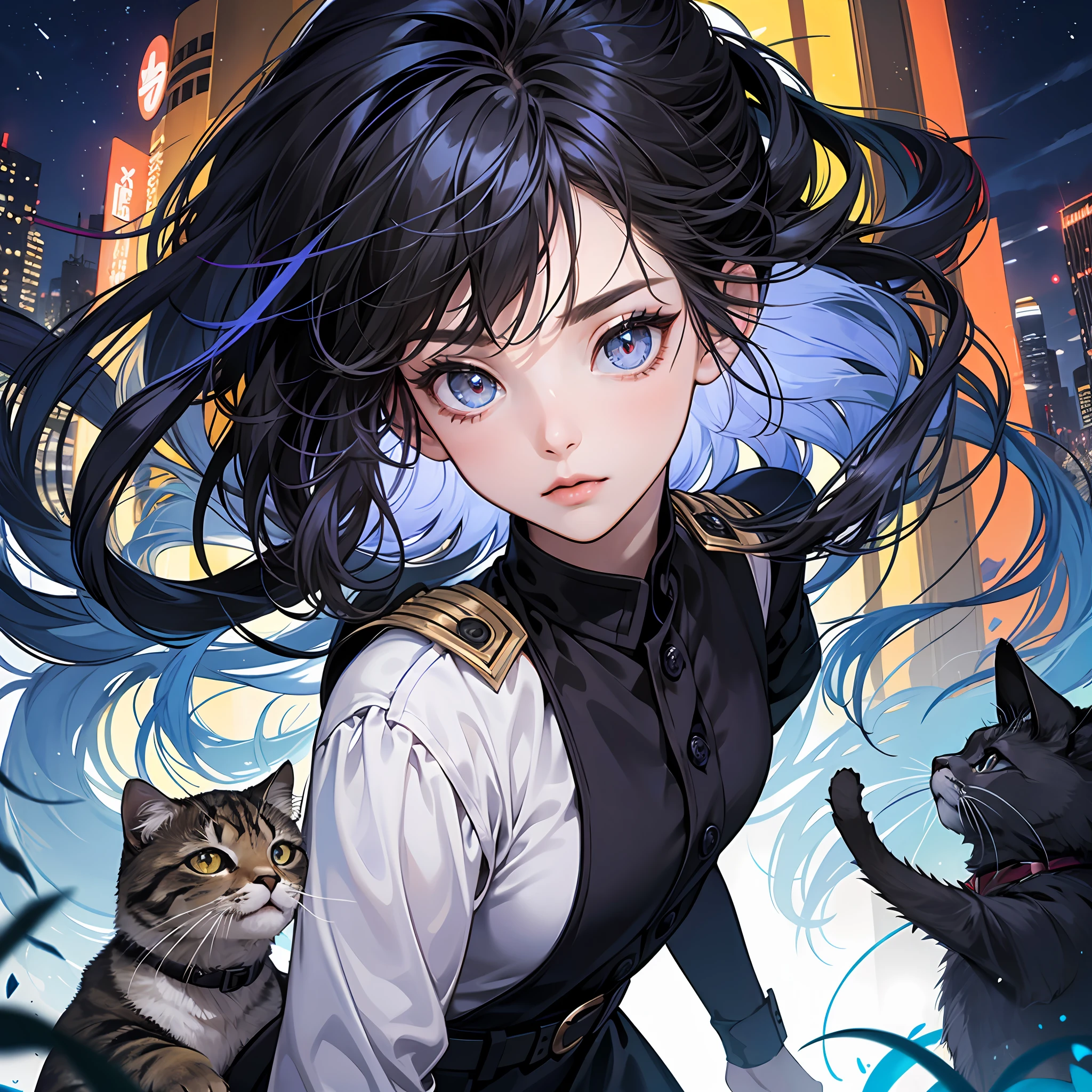 Top image quality、ultra-detailliert、8K、ultra-detailliert、Top image quality、1 girl in、Japan Beauty、adult-like、Beautiful fece、Hanging eyes、Cats、Big eyes、20yr old、Hair with a black front、Indigo hair on the back、Slim Faces、a cold expression、full bodyesbian、big breasts、Lustrous hair、Black uniform、Orange ribbon、Yellow button、Big sickle、Long skirt、Black skirt、a belt、Long-sleeved uniform、Neon City、Tall buildings、Dark place、Electronic panel、Near the future、City of the Future、Bottom Angle、Turning away、Face in front --auto