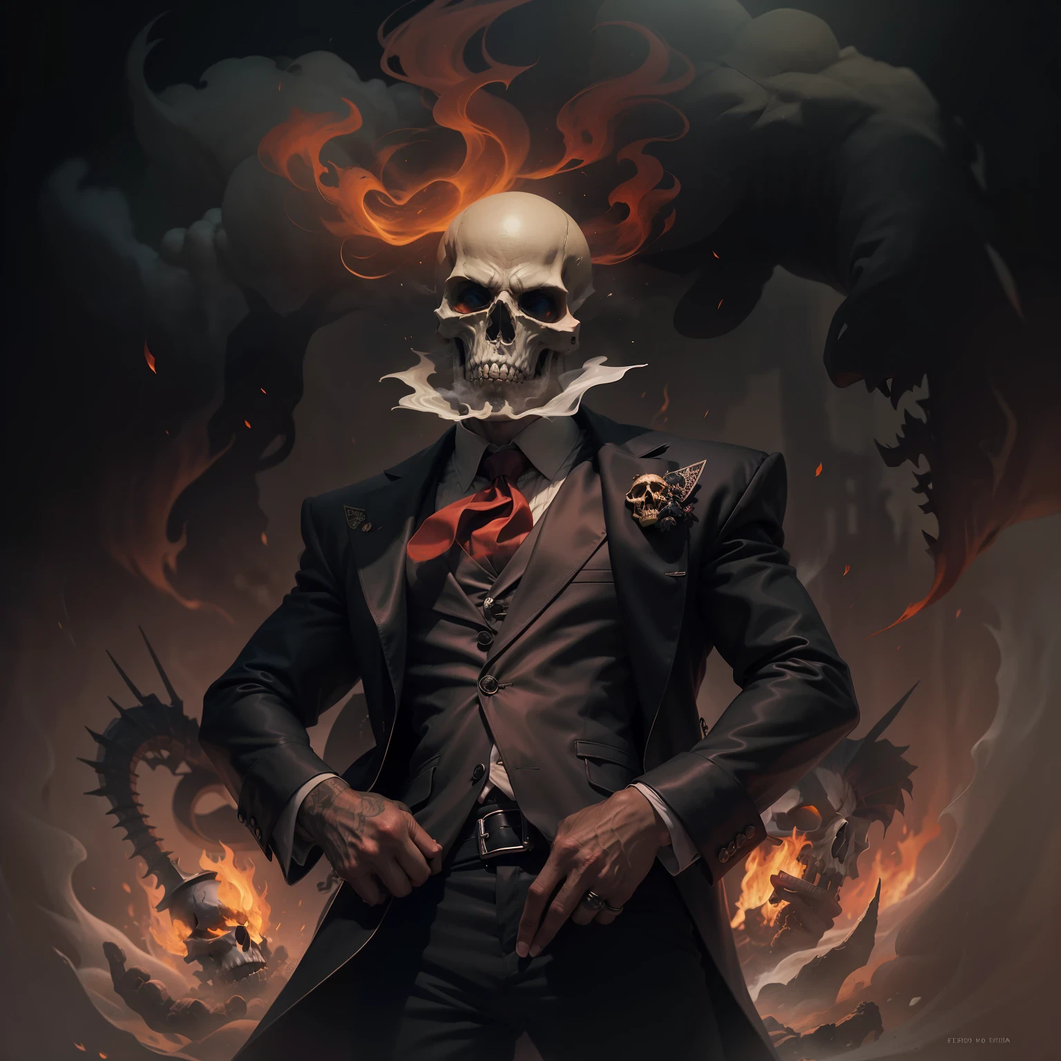 Describe the story of the dreaded gangster known as 'The Lord of the Skull', whose image is terrifying and iconic. He is portrayed as a skull man, with flaming eyes and a sinister expression. In one hand, ele segura um cigarro aceso, whose smoke dances in the air, criando uma atmosfera misteriosa ao seu redor. Their clothes are elegant, But they carry the dark aura of someone who lives in the shadows of society.