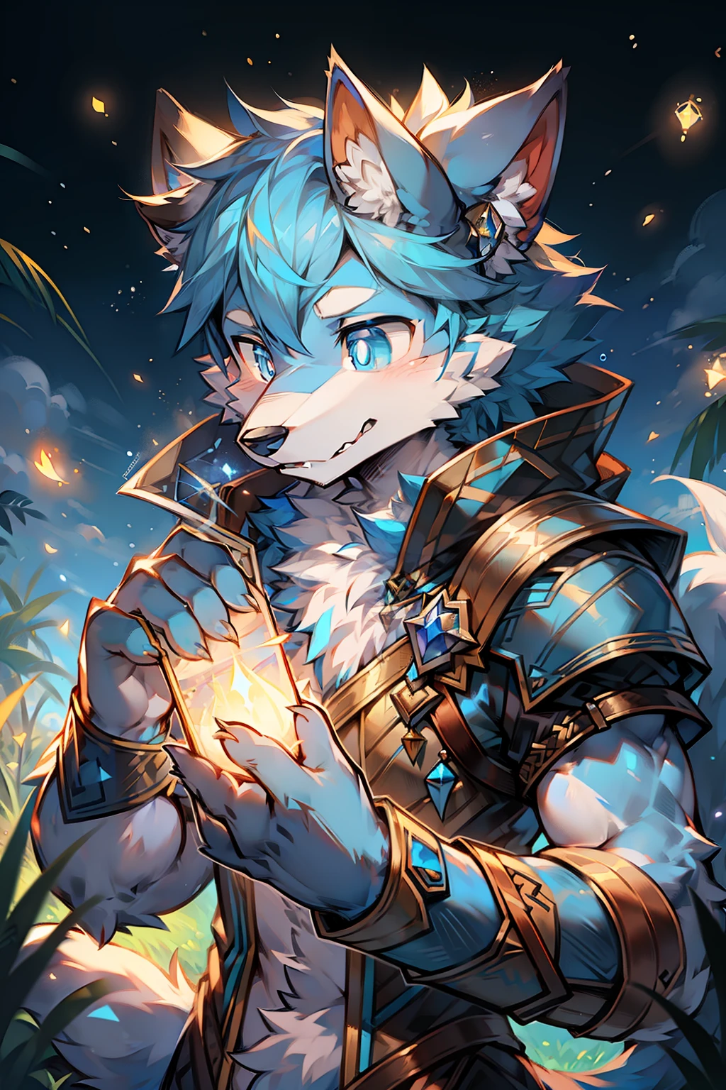 solo person,Wolf head,Wolf tail,male people,musculature,sexy
Light blue ears,Pale blue hair,Sky blue pupils,There is fur on the arms,There is fur on the legs,The whole body is covered with fur,being in the grassland,Behind it is a starry sky,Wearing Mage Light Armor,Fireflies all around,Melee Mage,sideface,Look at the fireflies flying to the palm of your hand
