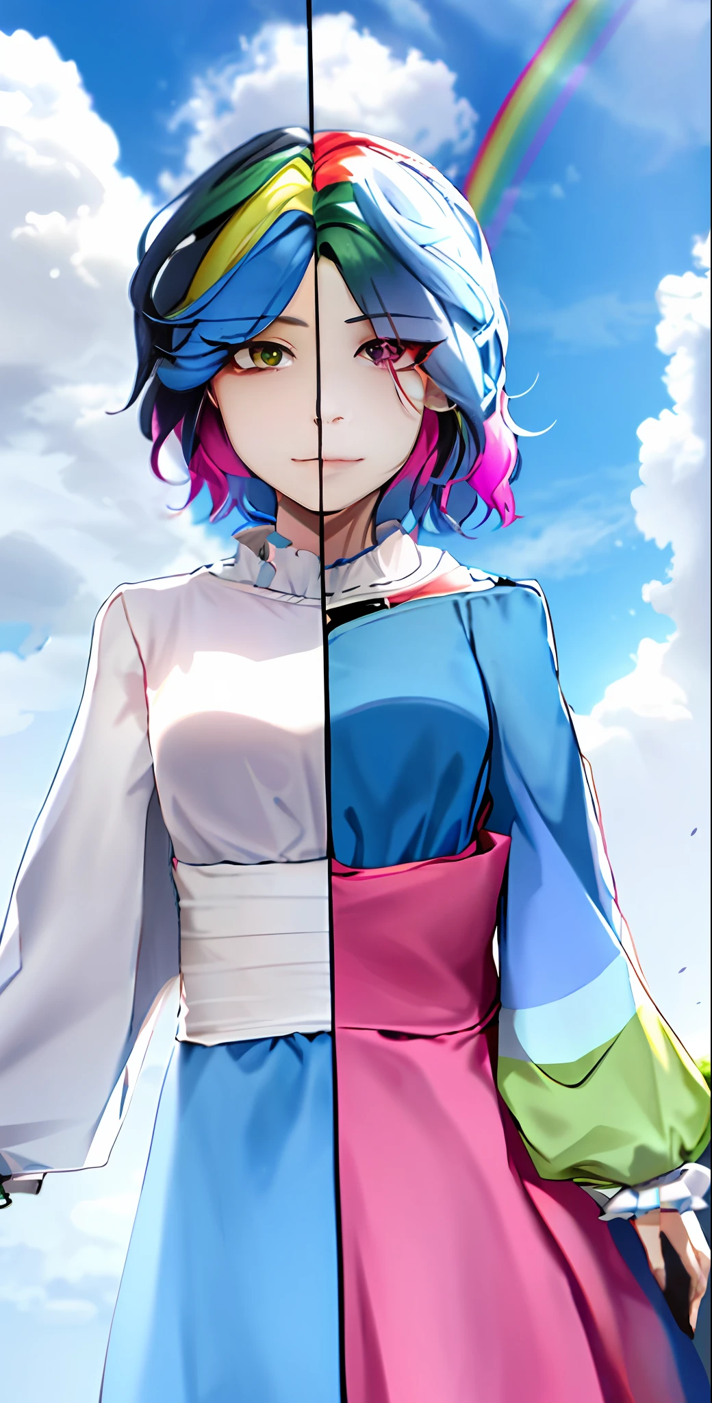 one-girl, short detailed hair, Colorful dress, with blue sky and white clouds, Hair midpoint, are standing, Heterochromia, multicolored hair, Rainbow hair, curlies, Parted bangs, parted lip, hyper HD, A high resolution