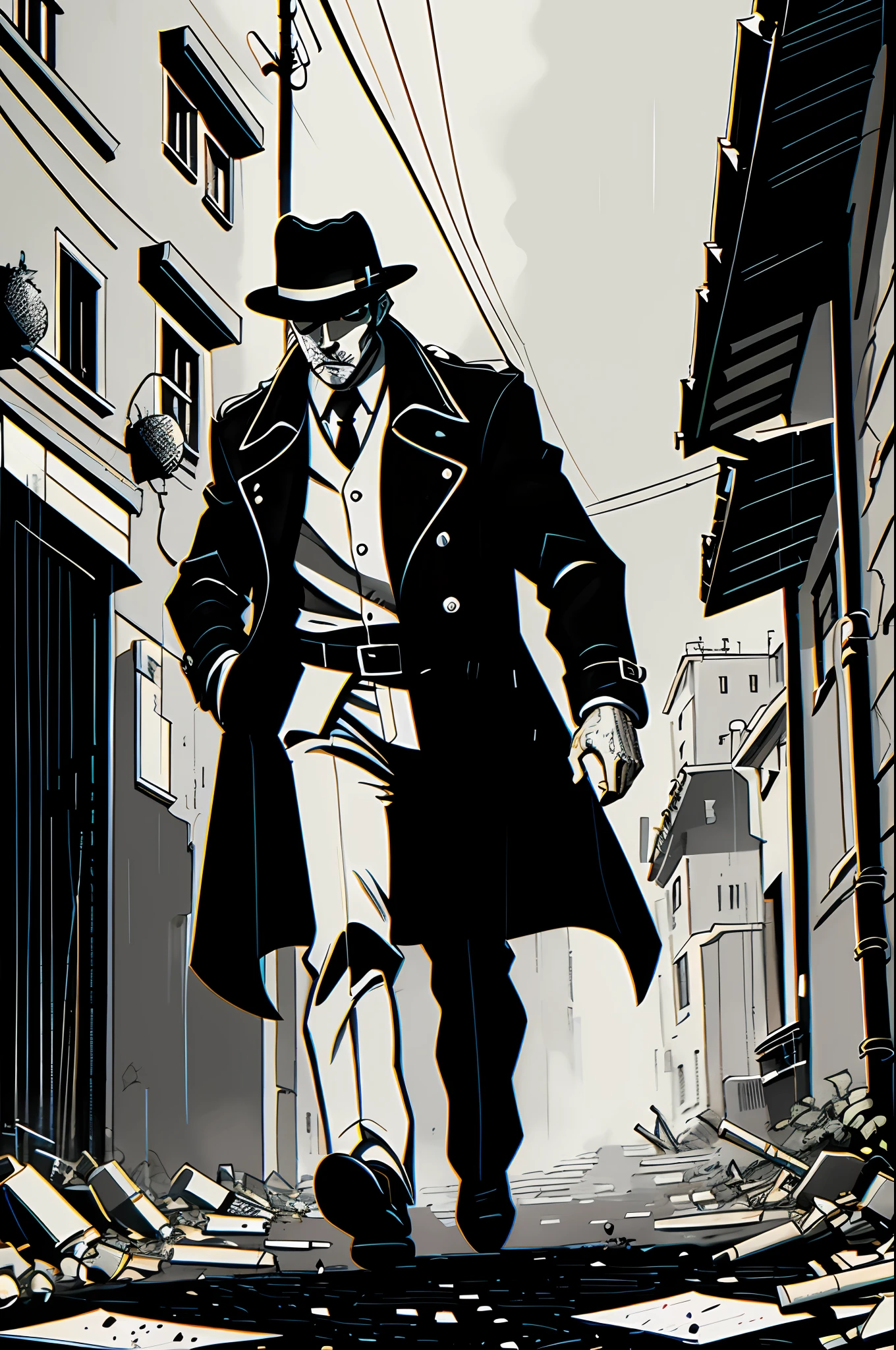 (Noir Comics-style illustration:1.2),(St. Petersburg:1.1), black and white, high contrast, gritty, gloomy, raining, moody, detective in a trench-coat, fedora hat, smoking a cigarette, murder scene, blood-stained weapon, alleyway