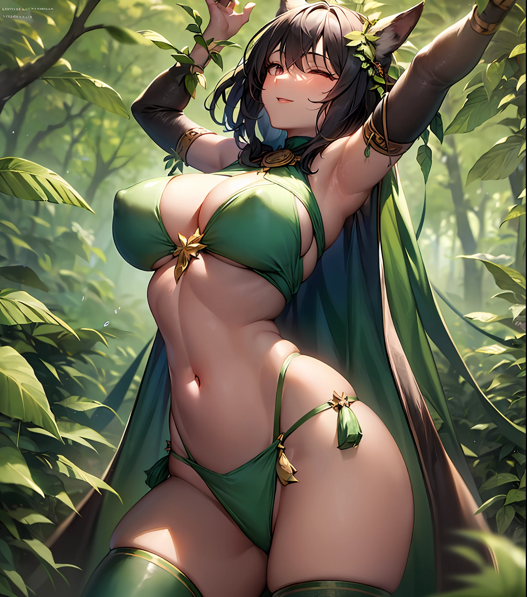 fantasy, 1forest_elemental_girl,, tiny,(dark_skin)0.9, (using_leaves_clothes, green_leaves_covered_breaaves_covered_pussy,coverpples)+++,(gigeavy_tits:1.1), walking, (sm sleepy)+, medium_hair, navel oil, (winding_vine_around_torso)++, forest_background, leaves_headgear, green_leaves_cape, spread_arms, large_staff, leaves_thighhighs, big_ass,solo,(pelvic_curtain:0. tabard,