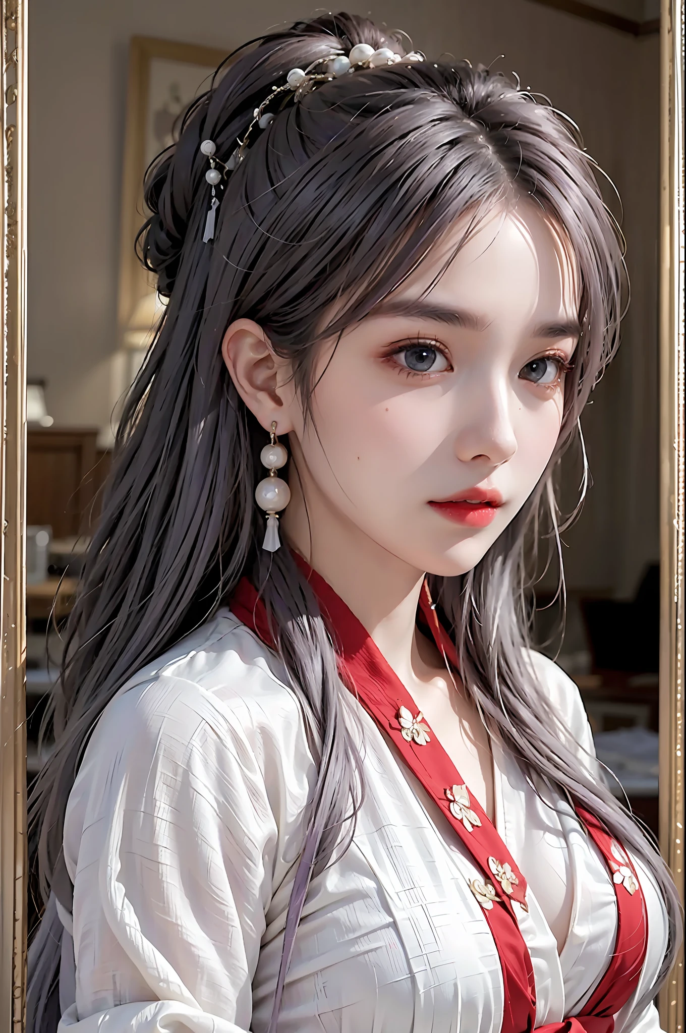 photorealistic, high resolution, 1 girl, hips up, beautiful eyes, light purple hair, intricate brocade hanfu, gorgeous accessories, wearing pearl earrings, red clothes