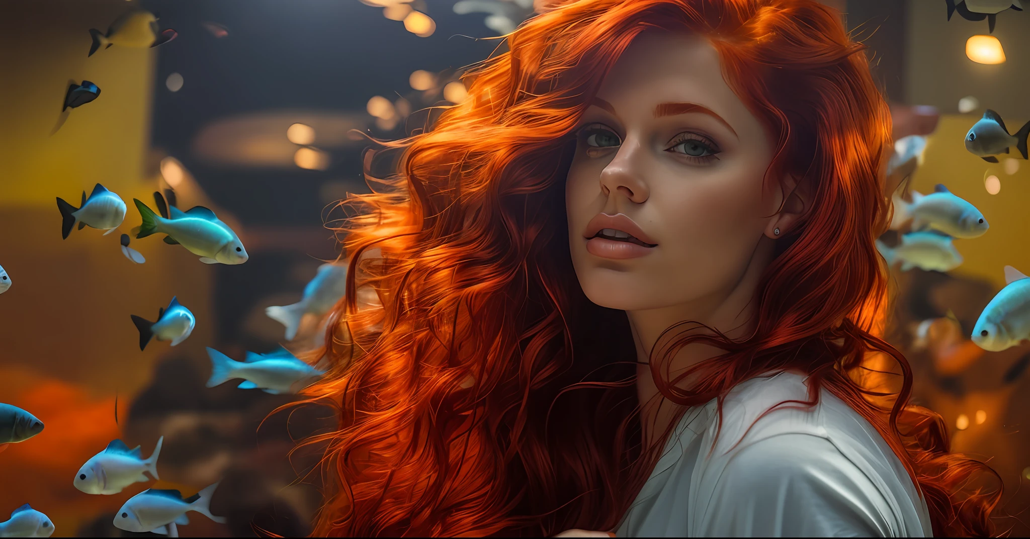 Red-haired woman with long red hair looking at the fish in the aquarium, cabelos retroiluminados, uma jovem ruiva, cabelo laranja brilhante, pele laranja e cabelo ardente longo, mulher ruiva, foto retrato suave 8 k, beautiful portrait lighting, mulher jovem de cabelos vermelhos, mulher ruiva bonita, gengibre cabelo ondulado, foto de retrato, Deusa dos cabelos ruivos, cabelos vermelhos brilhantes, Redhead Girl