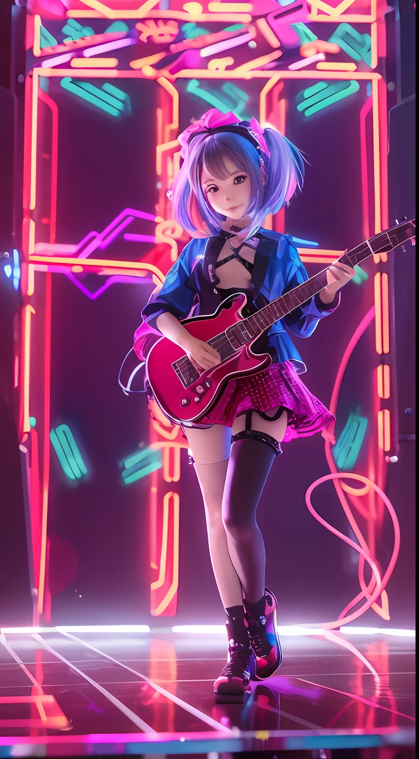 toy doll anime girl playing the guitar on a neon stage, alluring, mischievous smile, muse, stunning, hyper-realistic volumetric details, unreal engine