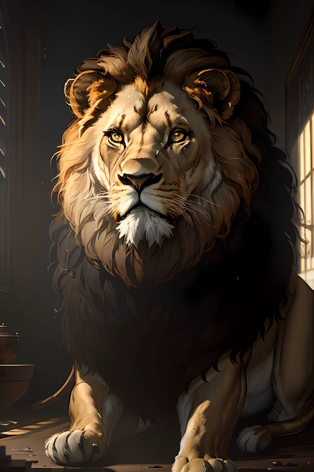 masterpiece, best quality, ((well detailed lion)), (extremely detailed 8k CG unit wallpaper), professional majestic oil painting by Ed Blinkey, Atey Ghailan, Studio Ghibli, by Jeremy Mann, Greg Manchess, Antonio Moro, trend in ArtStation, trends in CGSociety, Intricate, High Detail, Sharp Focus, dramatic and photorealistic painting art by midjourney and greg rutkowski