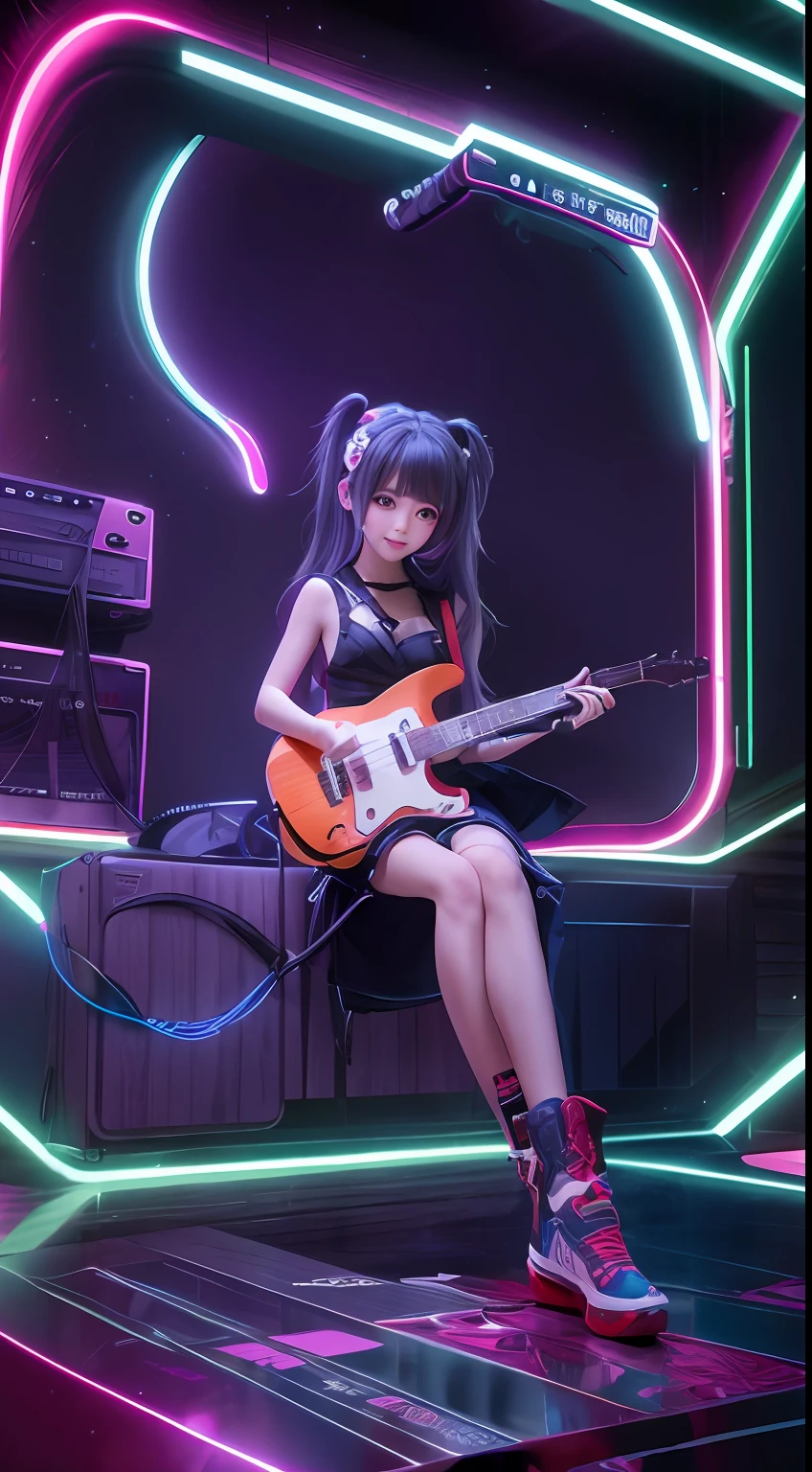 toy doll anime girl playing the guitar on a neon stage, alluring, mischievous smile, muse, stunning, hyper-realistic volumetric details, unreal engine