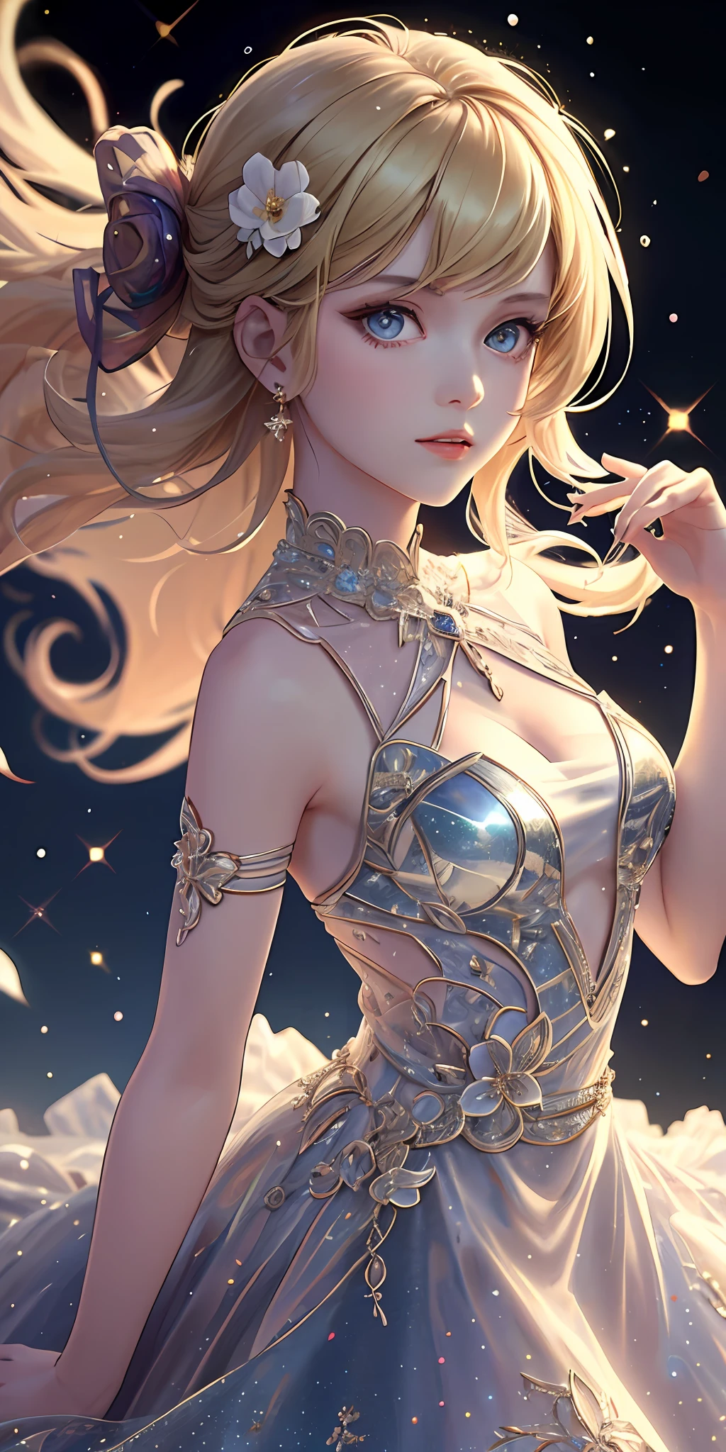(best quality, masterpiece), 1girl, galaxy, glitter, dress, particle, wind, flower, upper body, dark simple background, looking at viewer, blonde,