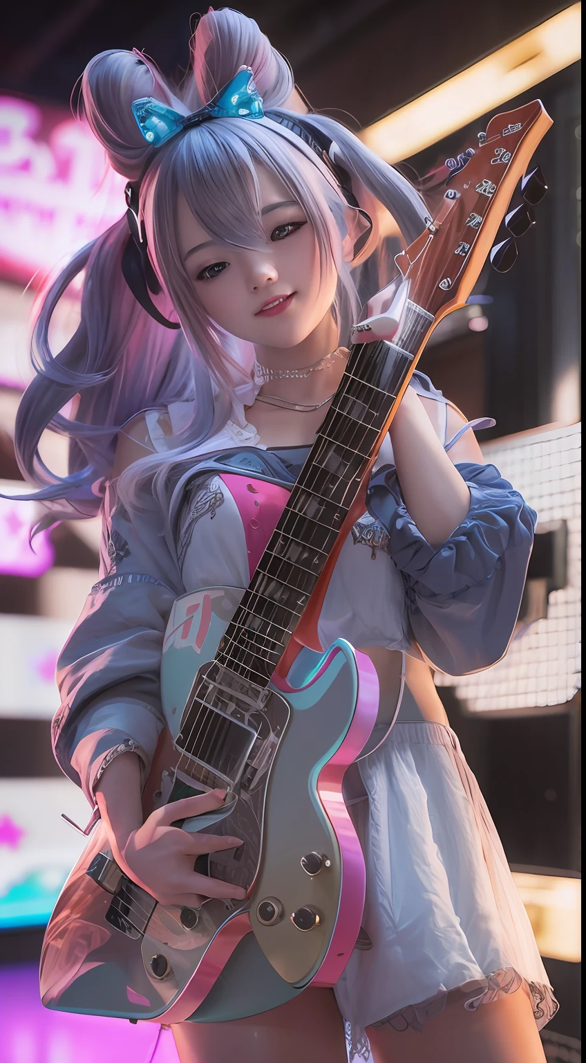 toy doll anime girl playing the guitar on a neon stage, alluring, mischievous smile, muse, stunning, hyper-realistic volumetric details, unreal engine