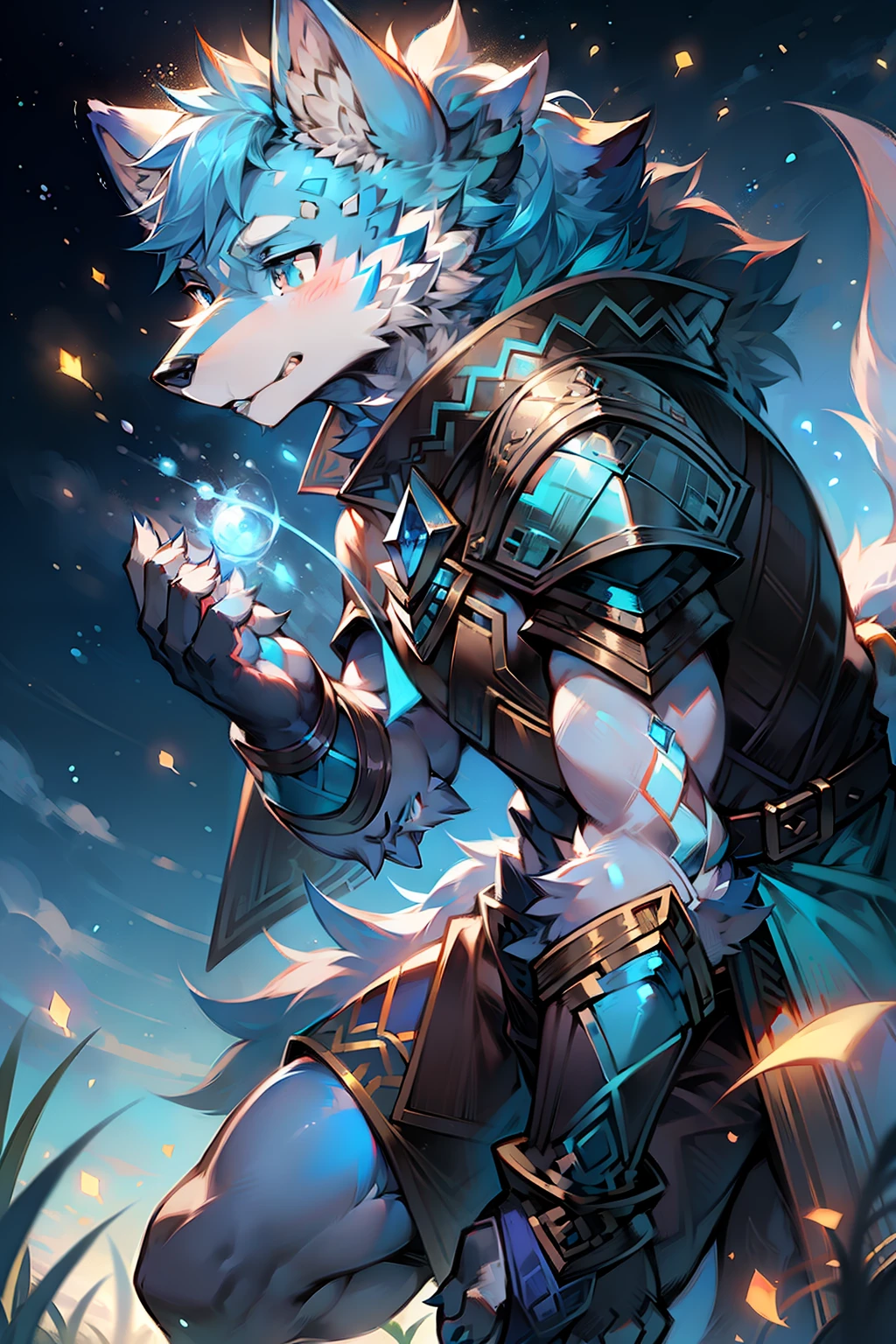 solo person,Wolf head,Wolf tail,male people,musculature,sexy
Light blue ears,Pale blue hair,Sky blue pupils,There is fur on the arms,There is fur on the legs,The whole body is covered with fur,being in the grassland,Behind it is a starry sky,Wearing Mage Light Armor,Fireflies all around,Melee Mage,sideface,Look at the fireflies flying to the palm of your hand