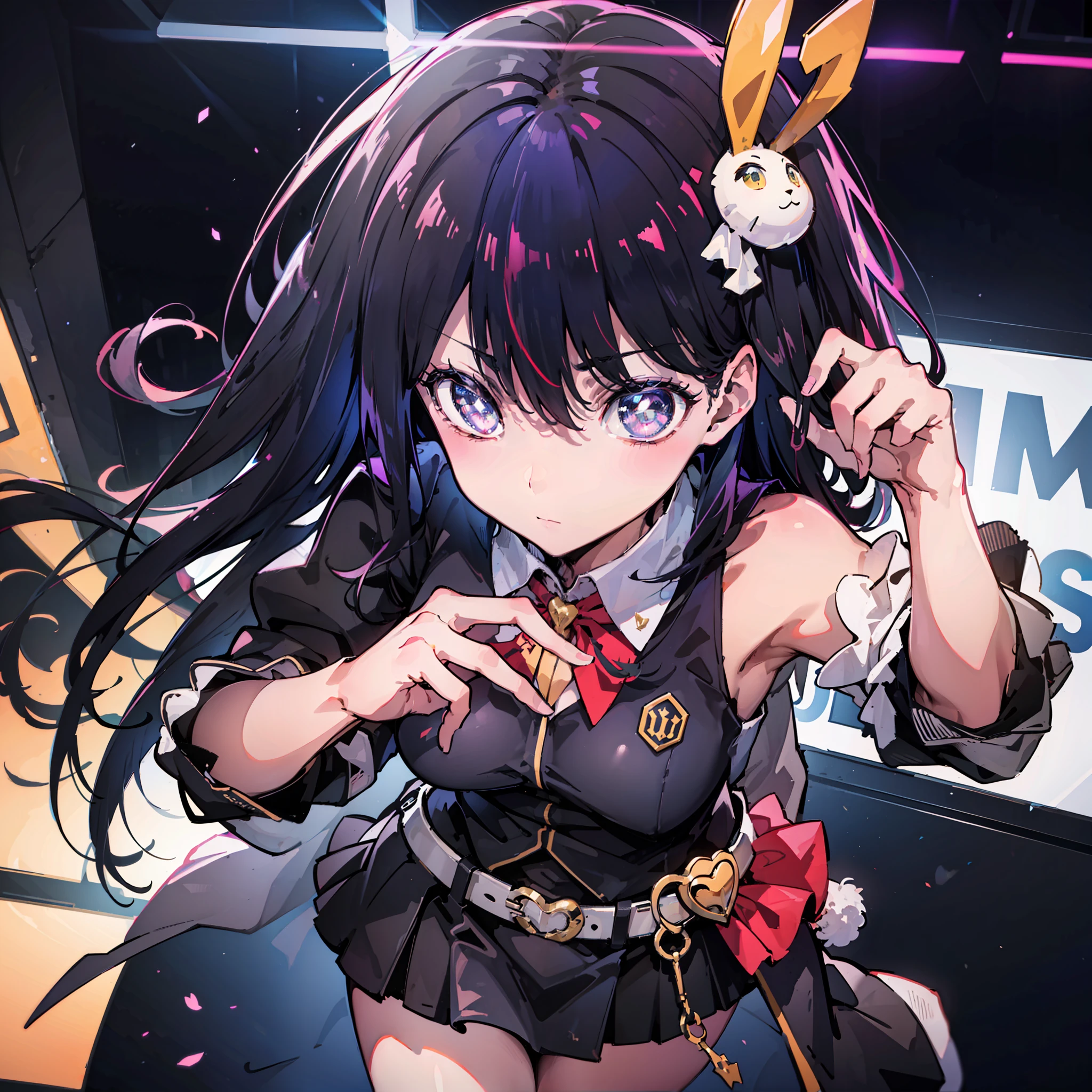 Top image quality、ultra-detailliert、8K、ultra-detailliert、Top image quality、1 girl in、Bottom Angle、Japan Beauty、adult-like、Beautiful fece、Hanging eyes、Cats、Big eyes、Looked、20yr old、Hair with a black front、Indigo hair on the back、Slim Faces、a cold expression、full bodyesbian、big breasts、Lustrous hair、Black uniform、Orange ribbon、Yellow button、Big sickle、Long skirt、Black skirt、a belt、Long-sleeved uniform、Neon City、Tall buildings、Dark place、Electronic panel、Near the future、City of the Future