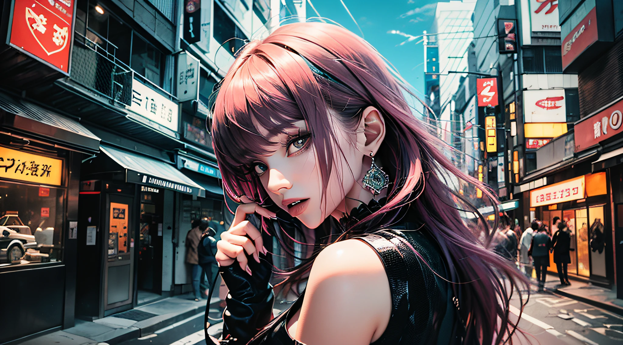 black pink ,garota com cabelos rosa olhos azul e um verde , ao fundo cidade japonesa a noite,ao lado de uma lamborghini