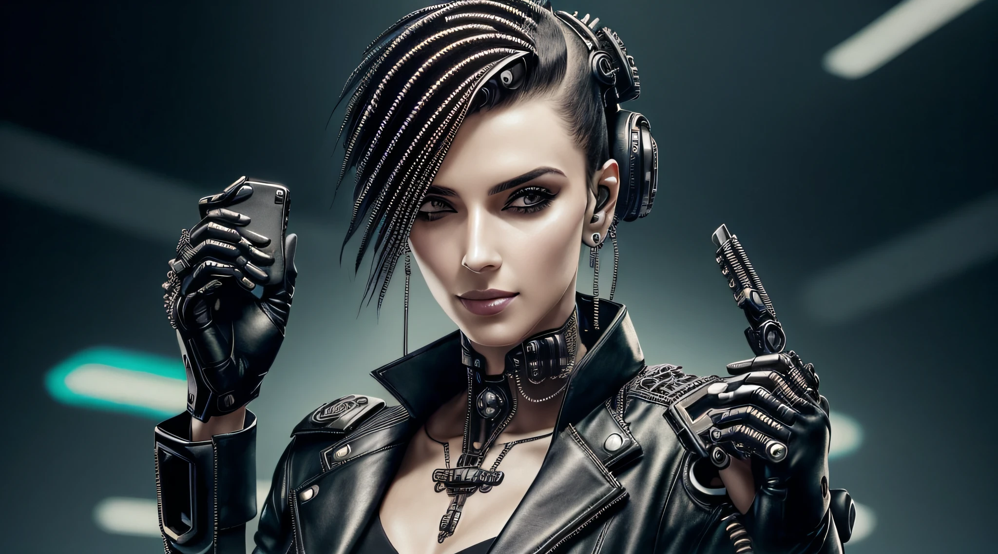 ((Melhor qualidade)), ((obra-prima)), (altamente detalhado:1.3), 3D, bela (cyberpunk:1.3) , Stylish woman looking at camera black leather clothes, com fones de ouvido, fundo cidade neon