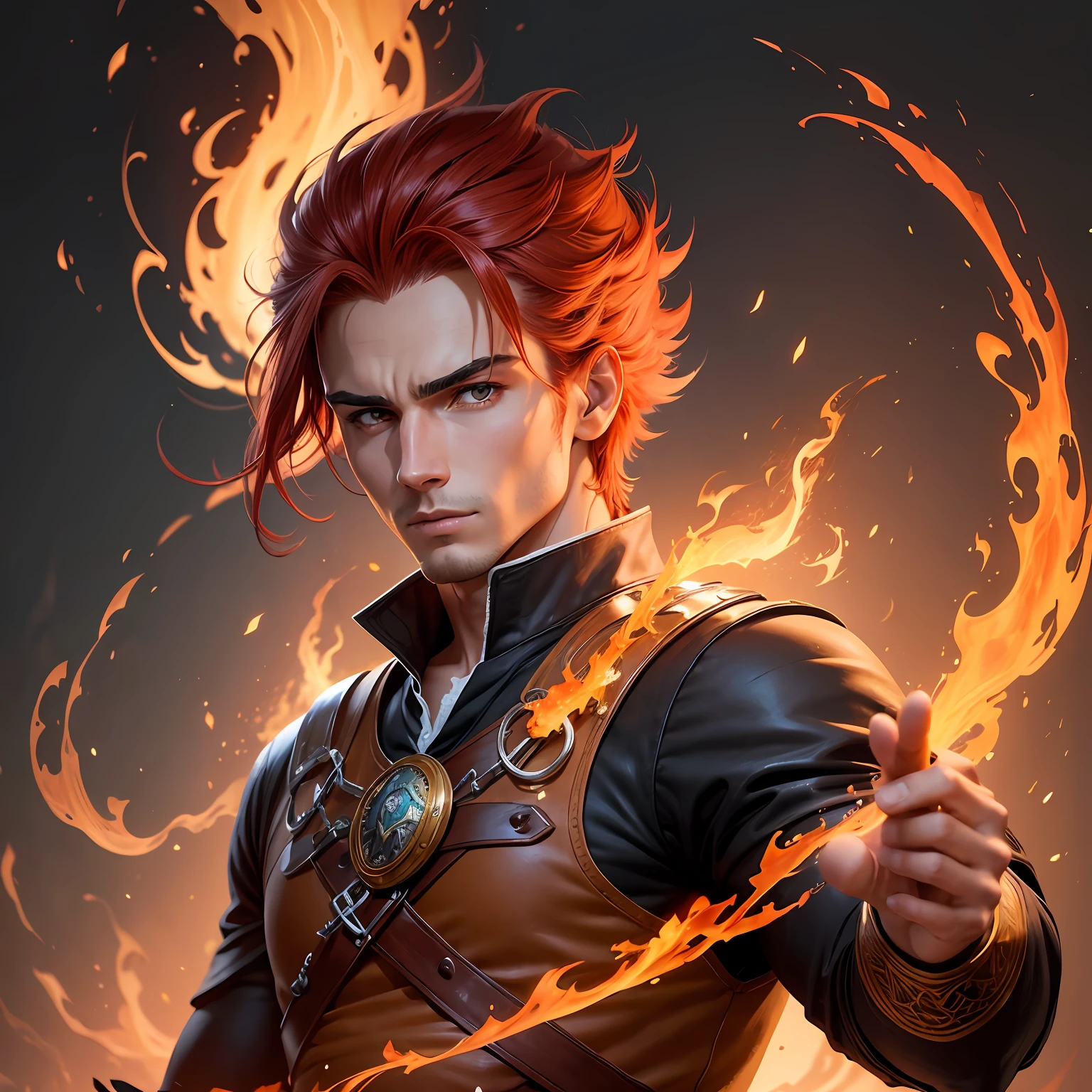 personagem de historia de aventura, garoto de cabelos vermelhos e estatura mediana, estilo disney, detalhado. Master the power of fire in your hands