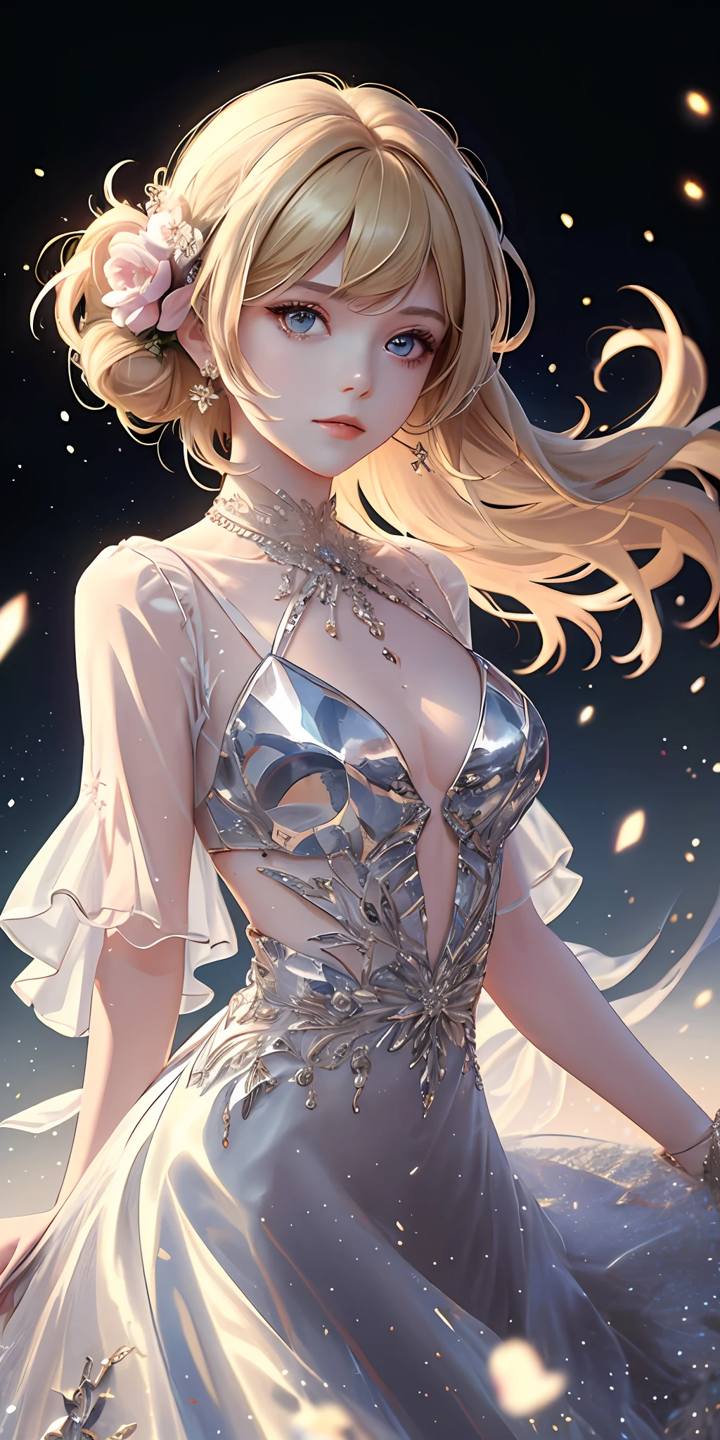 (best quality, masterpiece), 1girl, galaxy, glitter, dress, particle, wind, flower, upper body, dark simple background, looking at viewer, blonde,