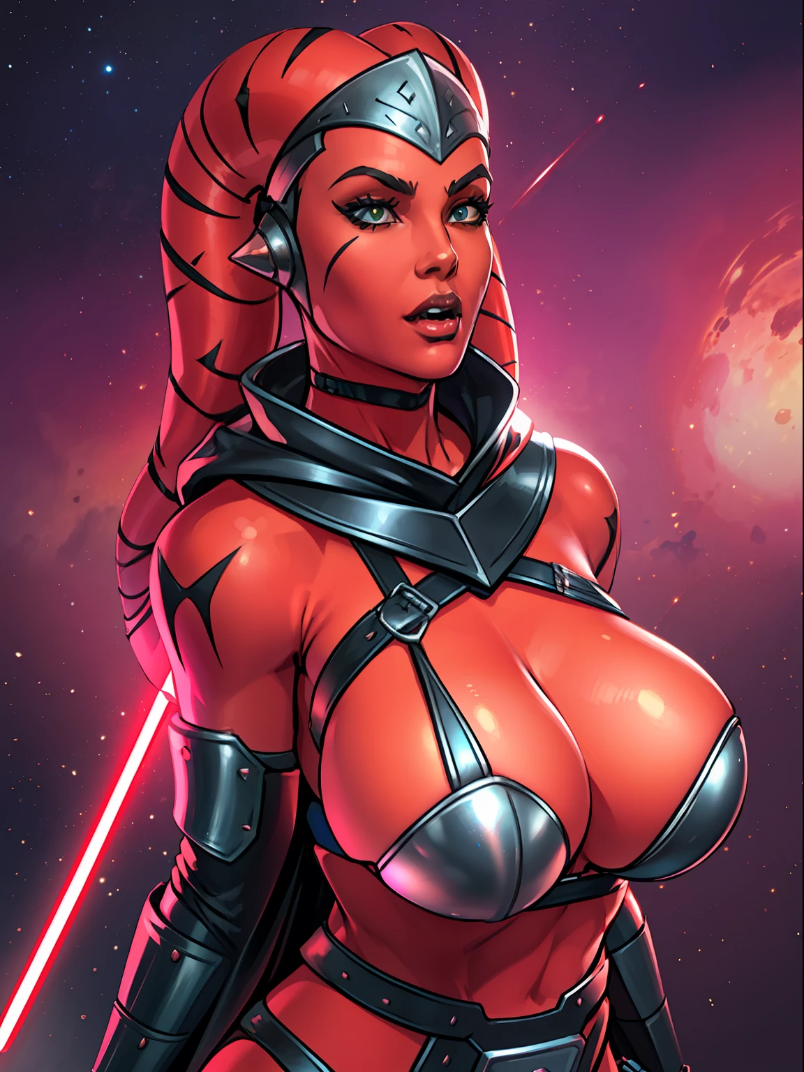 armor, busty, ((red skin), twi'lek), dual red lightsabers, evil space knight, space ninja, (wearing black robes, black stealth armor, breastplate, tunic, tabard, cowl, cloak, body glove, straps, buckles, skirts, long sleeves, fantasy, ((armor))), ((busty), slender body, thin, slim sexy body, slim waist, ((gigantic breasts))), Imperial starship, Star Wars,