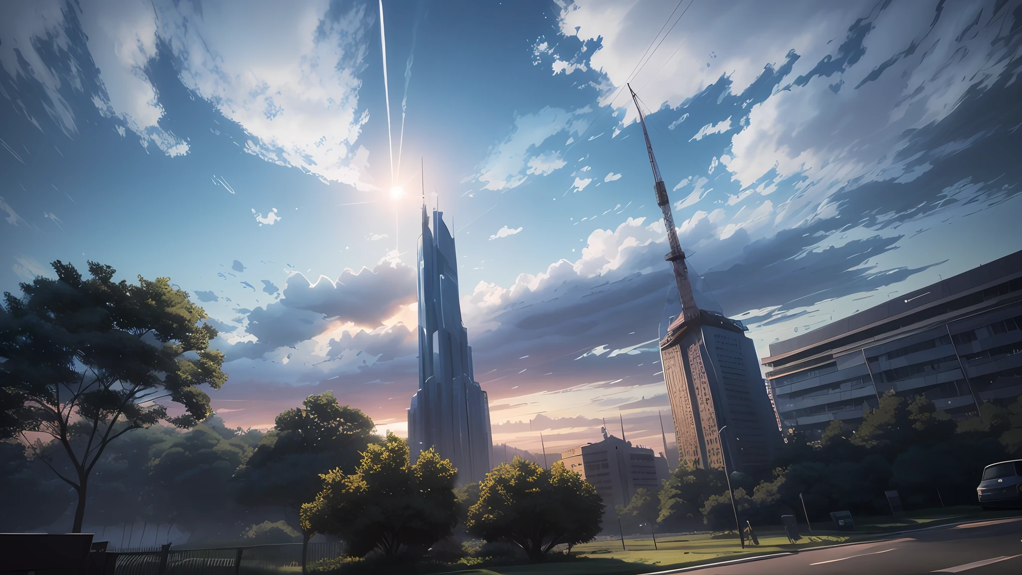 There is a picture of the city,In the background is a tall building, Makoto Shinkai. rendering by octane, anime concept hdr anime macmanus, rendering by octane. By Makoto Shinkai, inspired by Makoto Shinkai, Cosmos Sky. By Makoto Shinkai, Makoto Shinkai e Tom Bagshaw, greg rutkowski makoto shinkai
