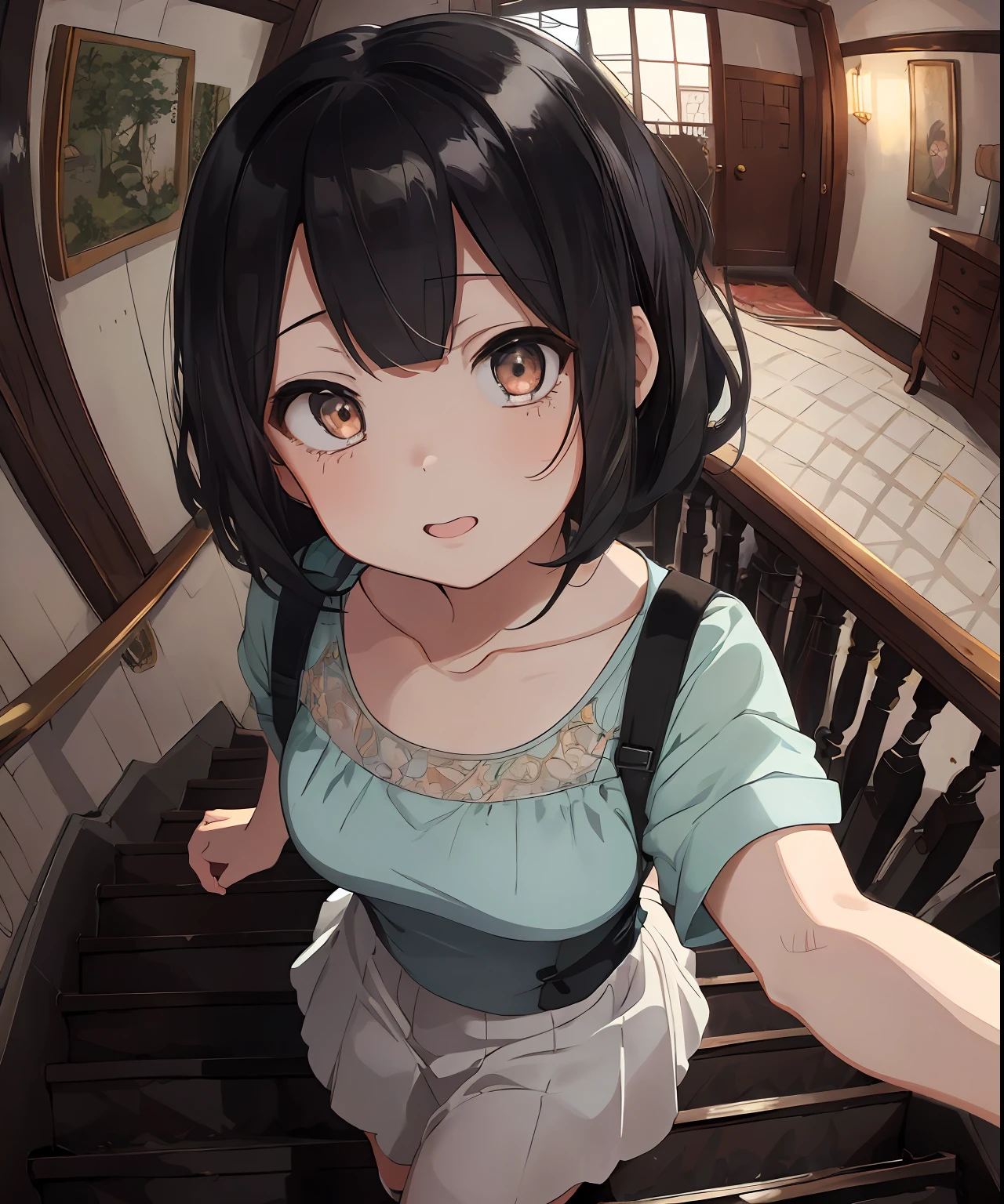 masterpiece, best quality, ultra-detailed, illustration, an extremely delicate and beautiful, cute, girl, energetic, active, anime, 1girl, cute, soft lighting, black hair, fisheye lens,stairs, labyrinth,