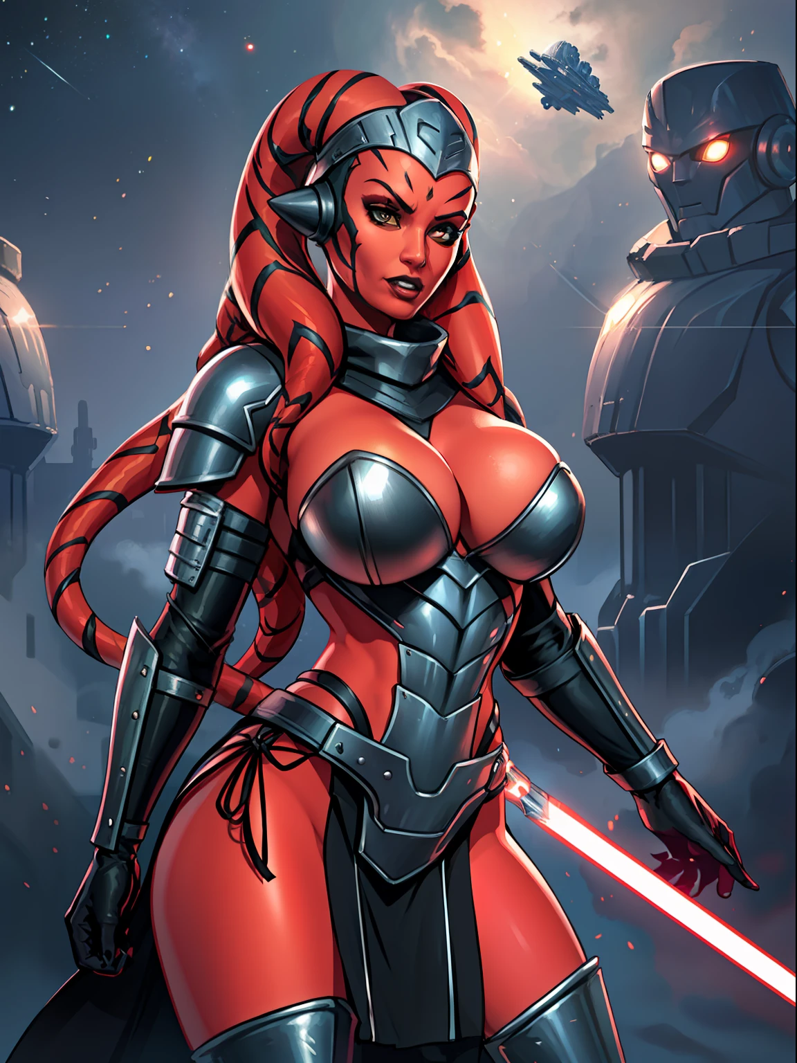armor, busty, ((red skin), twi'lek), dual red lightsabers, evil space knight, space ninja, (wearing black robes, black stealth armor, breastplate, tunic, tabard, cowl, cloak, body glove, straps, buckles, skirts, long sleeves, fantasy, ((armor))), ((busty), slender body, thin, slim sexy body, slim waist, ((gigantic breasts))), Imperial starship, Star Wars,
