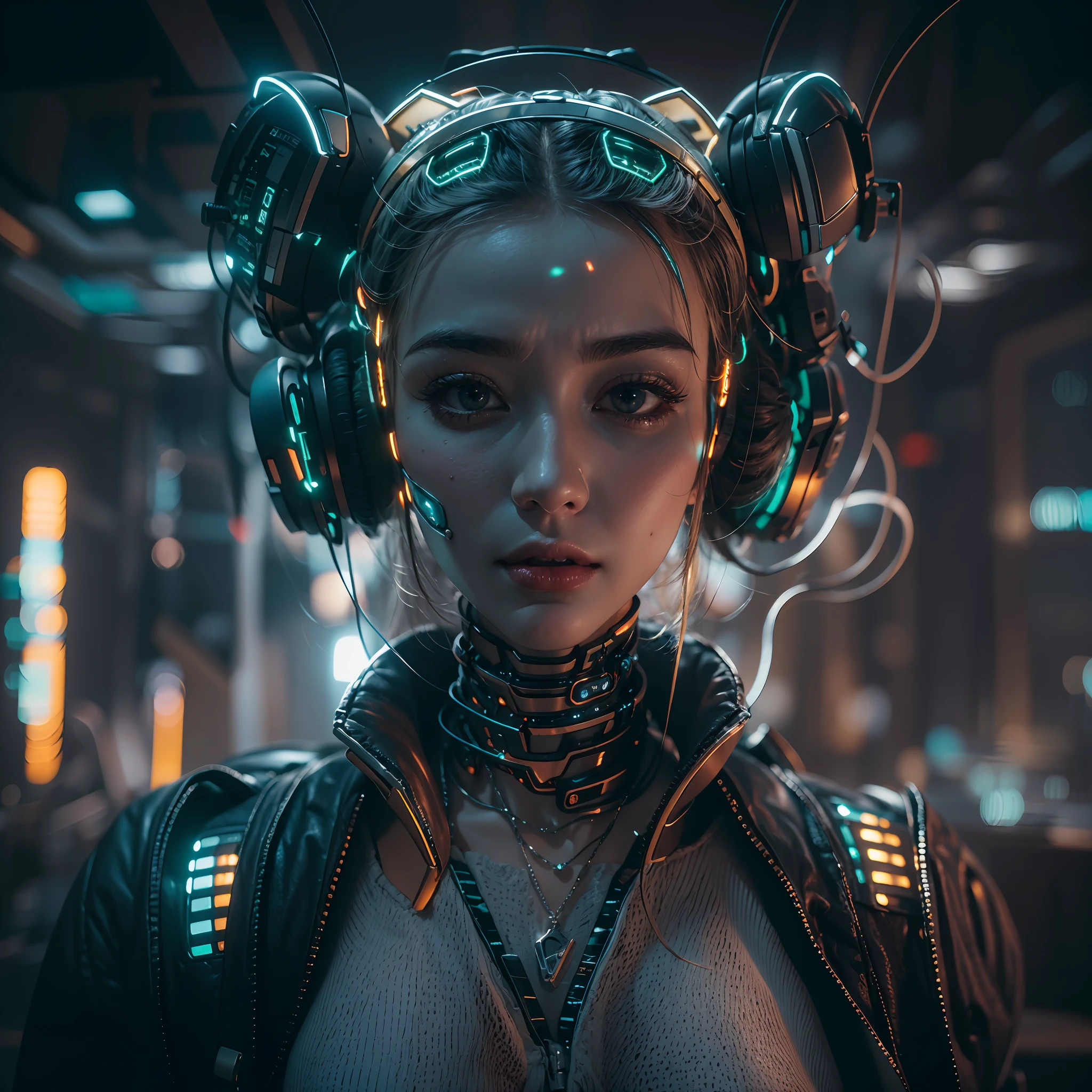 1girll，Perfect facial features，delicated face，(cyber punk perssonage:1.3)，Bring headphones，Illuminated helmet and headphones，glowing jewelry，Glowing earrings，Glowing necklace，inside in room，Electronic wire background，best qualtiy，tmasterpiece，Movie filter presets，movie level lighting，c4d渲染，rendering by octane，with light glowing，High chiaroscuro，(There is no light on the face :1.5)