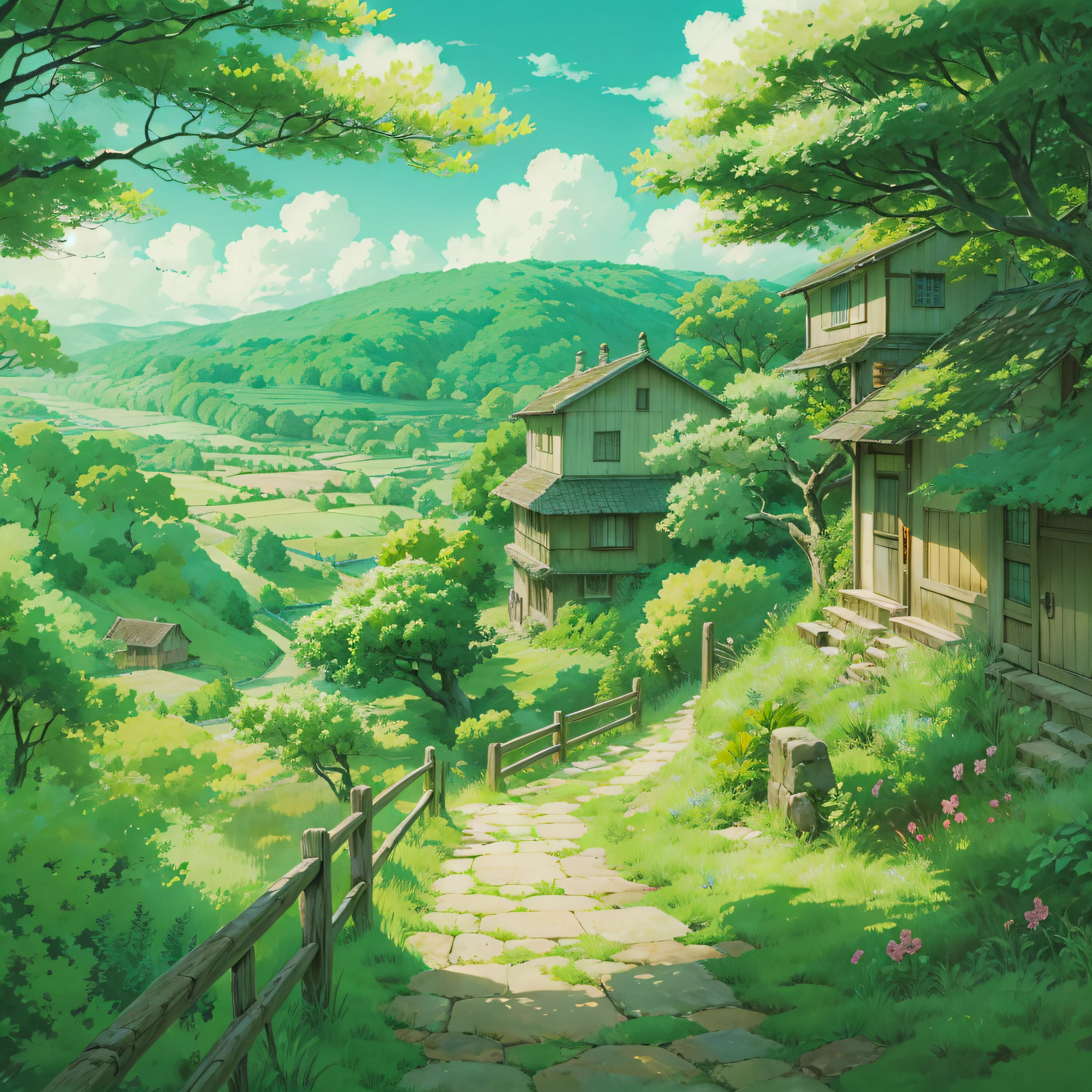 animesque、Background art、Beautiful Landscapes、Deities々Shikai、Natural objects、Studio Ghibli style、You can feel the feel of the brush、countryside view