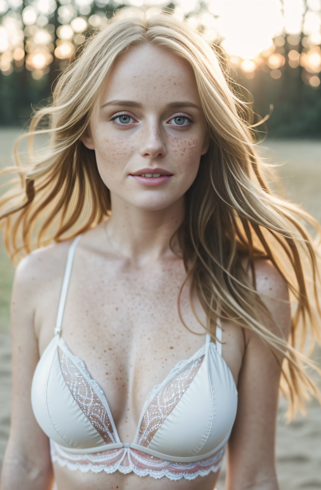 Detailed and realistic photography of a woman with freckles, upper body, cleavage, big huge bouncy breast, round eyes and messy blonde hair, sultry face, dawn light, sunglow, sunburst, hazy morning, alexis bledel, innocent, wearing white lingerie skin texture, chapped lips, dramatic natural lighting, magical photography, dramatic lighting, photo realism, ultra-detailed, Cinestill 800T