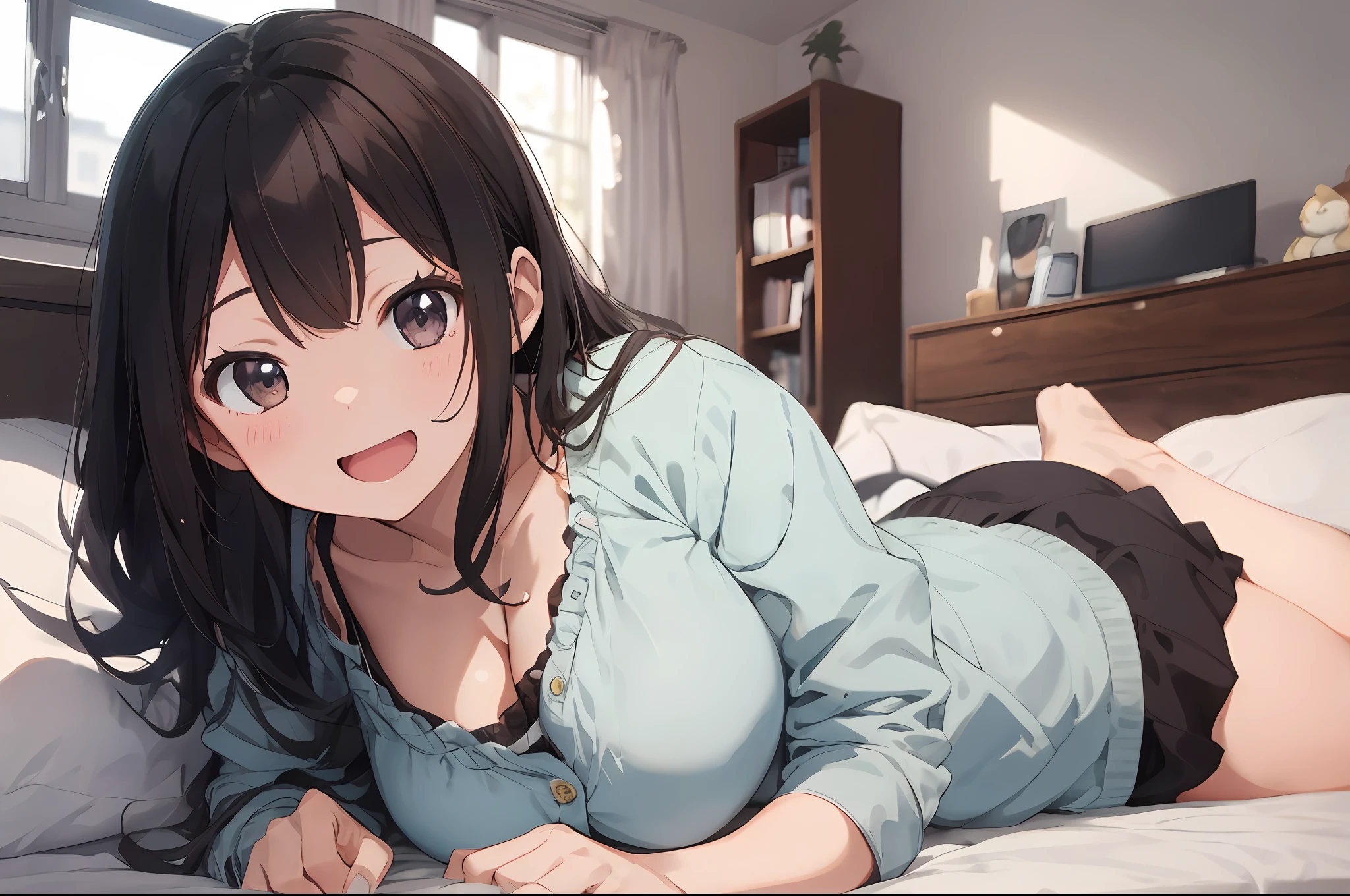 indoors. 
young girl, neat, pure, cute, otasa hime. 
long hair, curls, (smile:0.6), (open mouth:0.8), playful large breasts. 
casual wear, down blouse, lying in bed, lewd. 
pov.