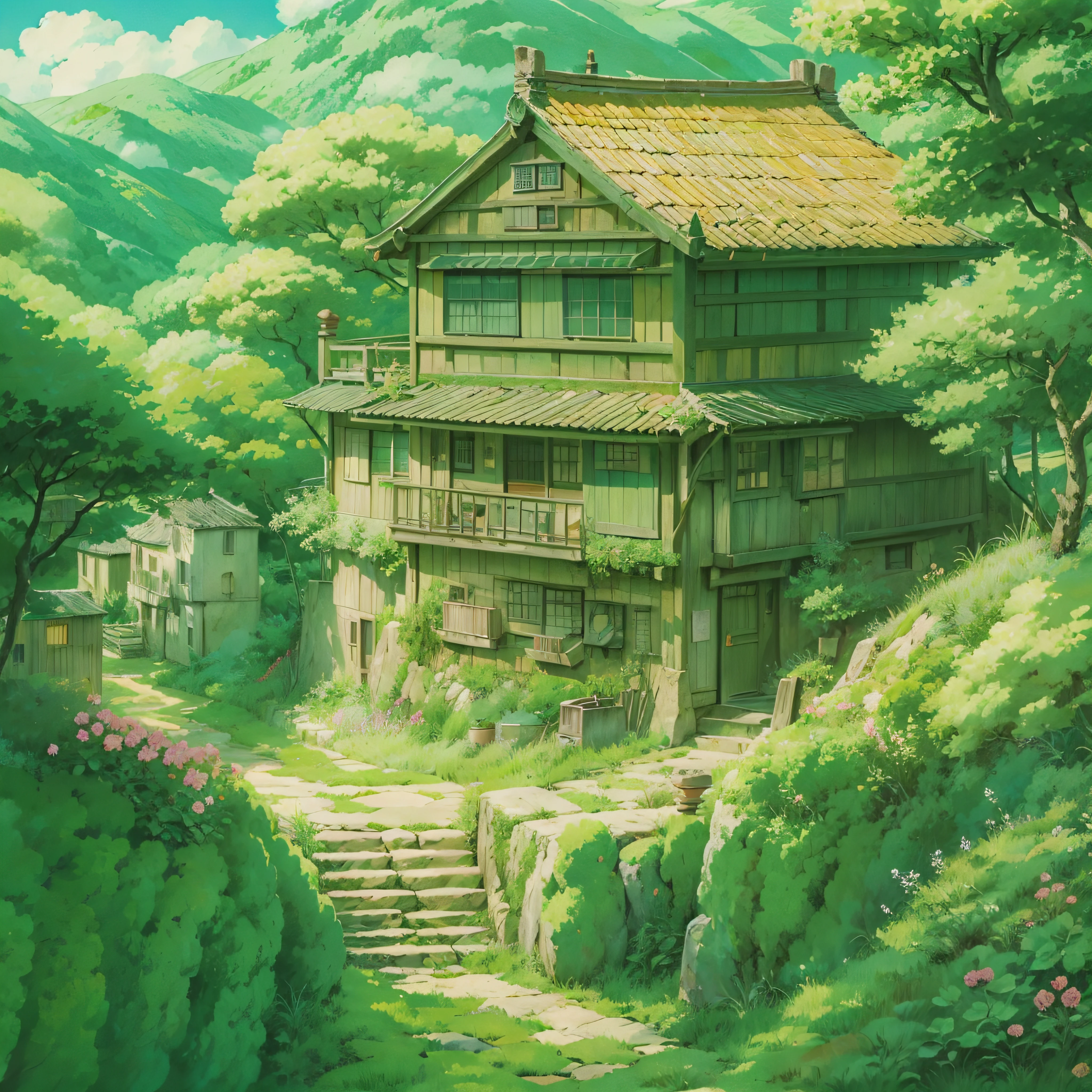 animesque、Background art、Beautiful Landscapes、Deities々Shikai、Natural objects、Studio Ghibli style、You can feel the feel of the brush、countryside view