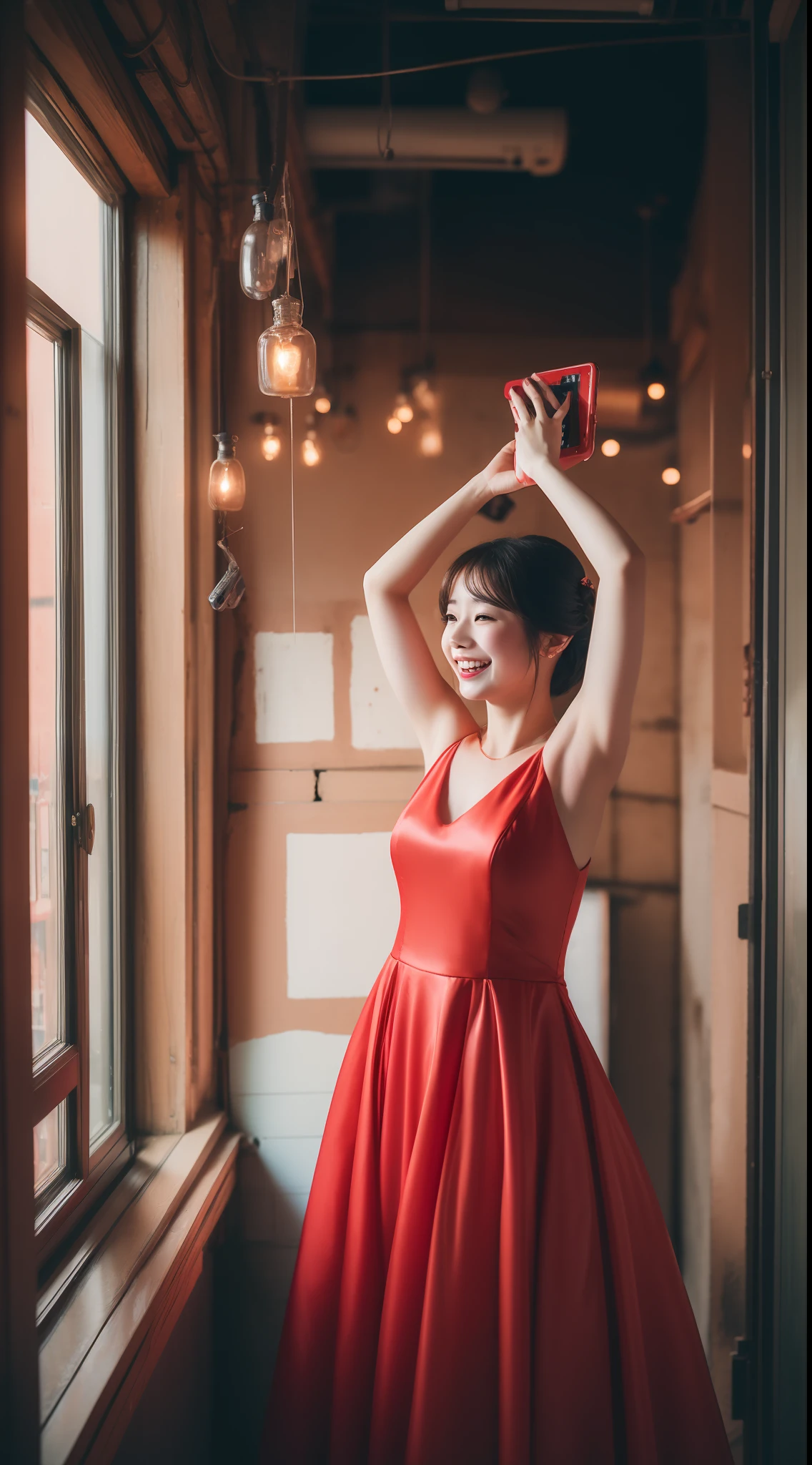 The bride in a red Tang dress holds a large-screen mobile phone above her head,Showcase mobile content,Sweet laughter, Beautiful gorgeous Korean young woman on front,Colorful flowers on the back,ultra-clear,Cinematic lighting effects,8K