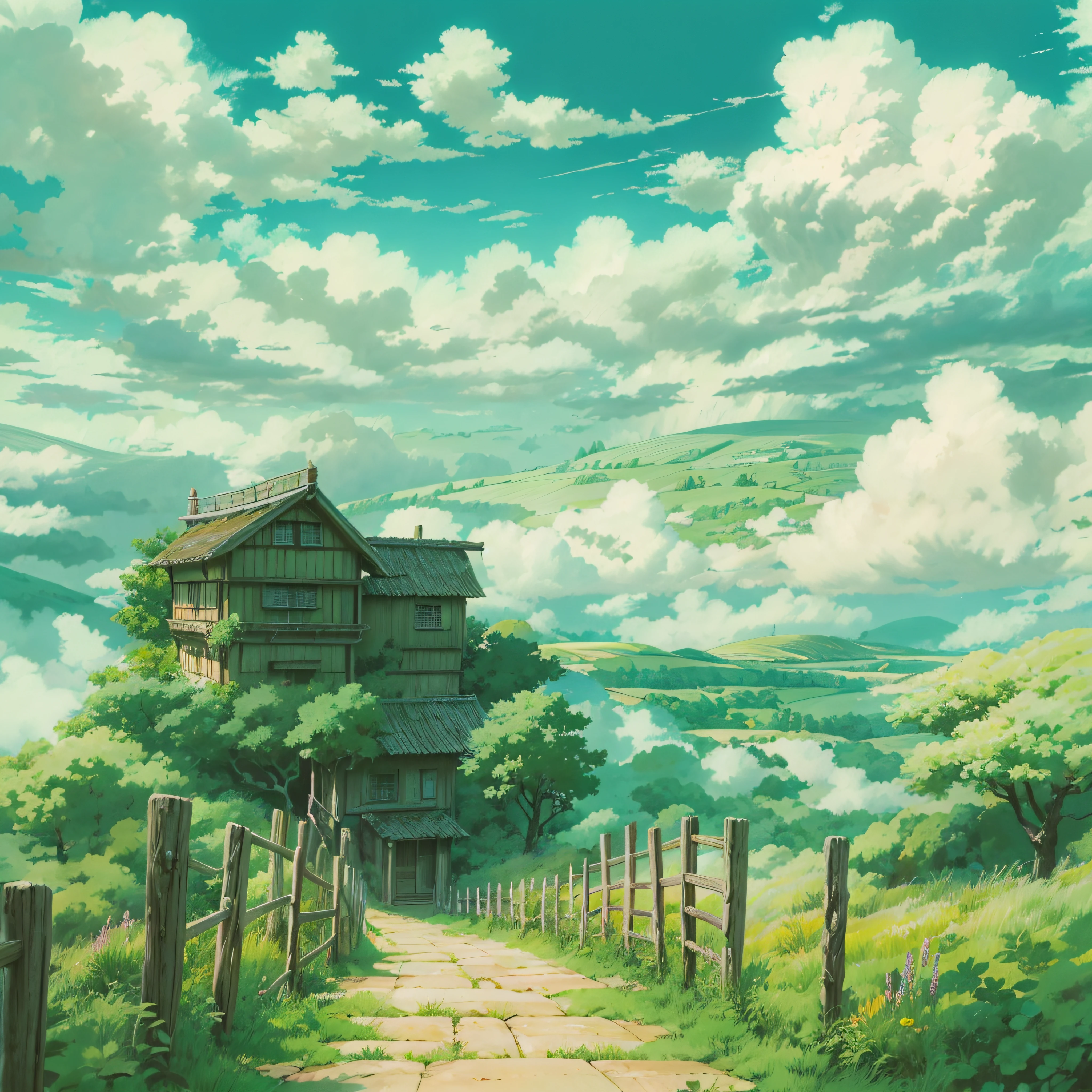 animesque、Background art、Beautiful Landscapes、Deities々Shikai、Natural objects、Studio Ghibli style、You can feel the feel of the brush、countryside view、Sky and clouds