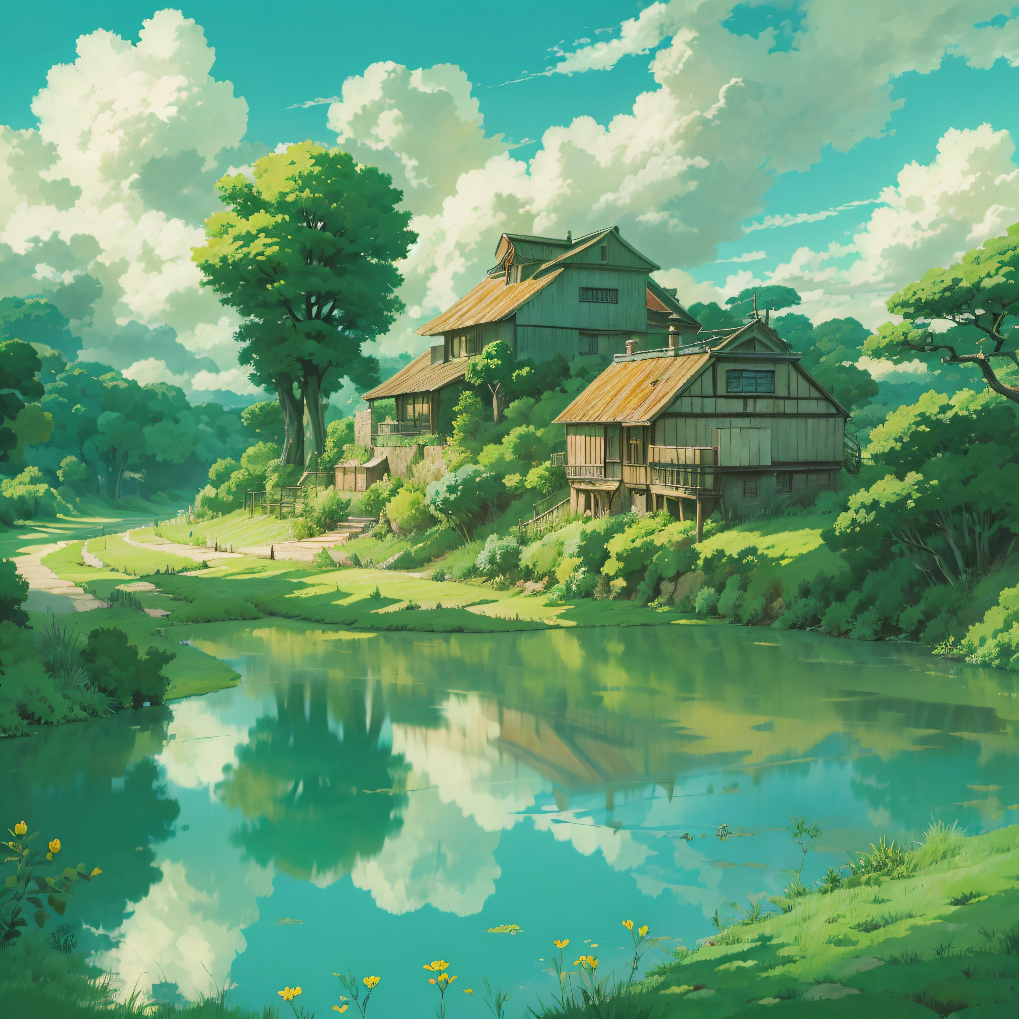 animesque、Background art、Beautiful Landscapes、Deities々Shikai、Natural objects、Studio Ghibli style、You can feel the feel of the brush、countryside view、Sky and clouds