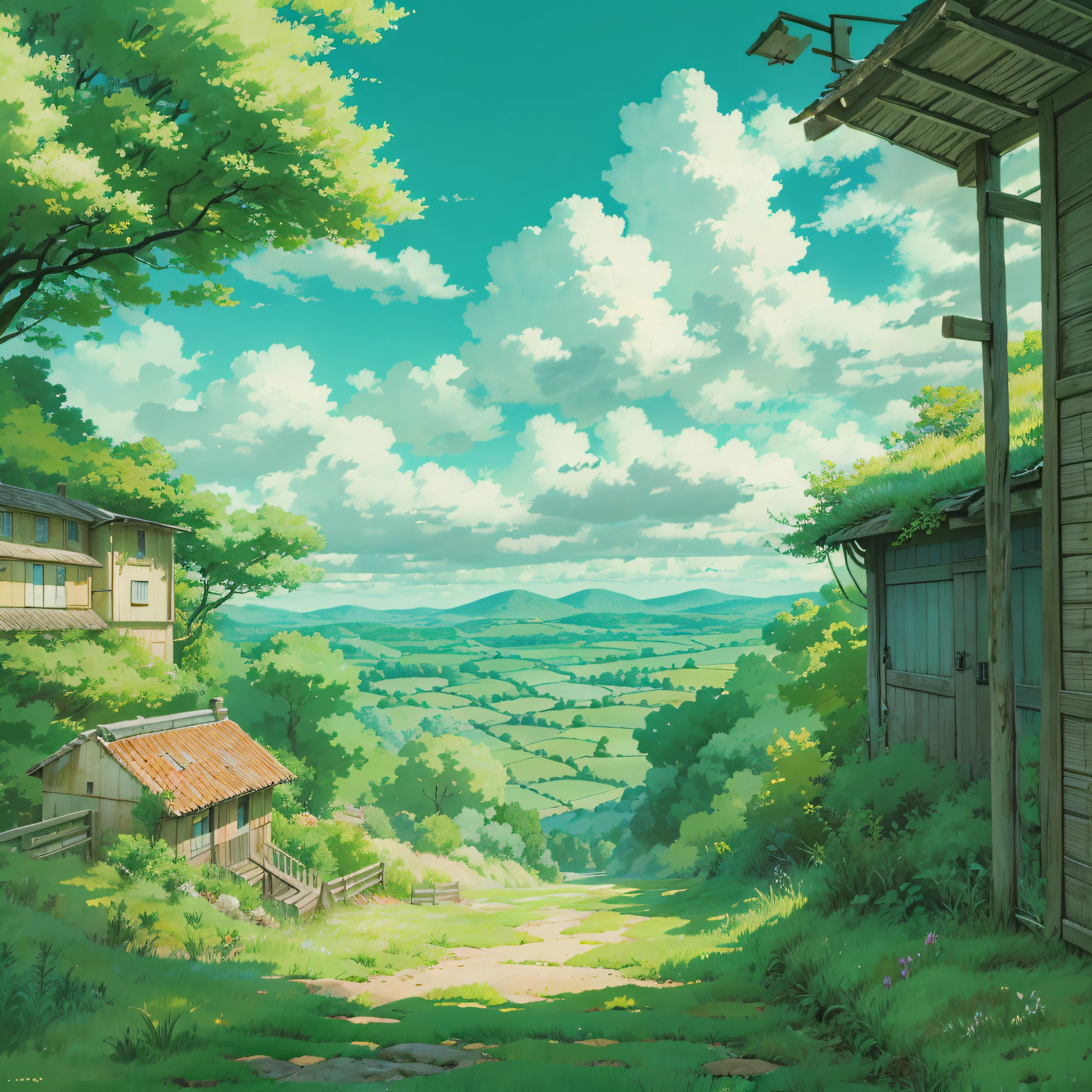 animesque、Background art、Beautiful Landscapes、Deities々Shikai、Natural objects、Studio Ghibli style、You can feel the feel of the brush、countryside view、Sky and clouds
