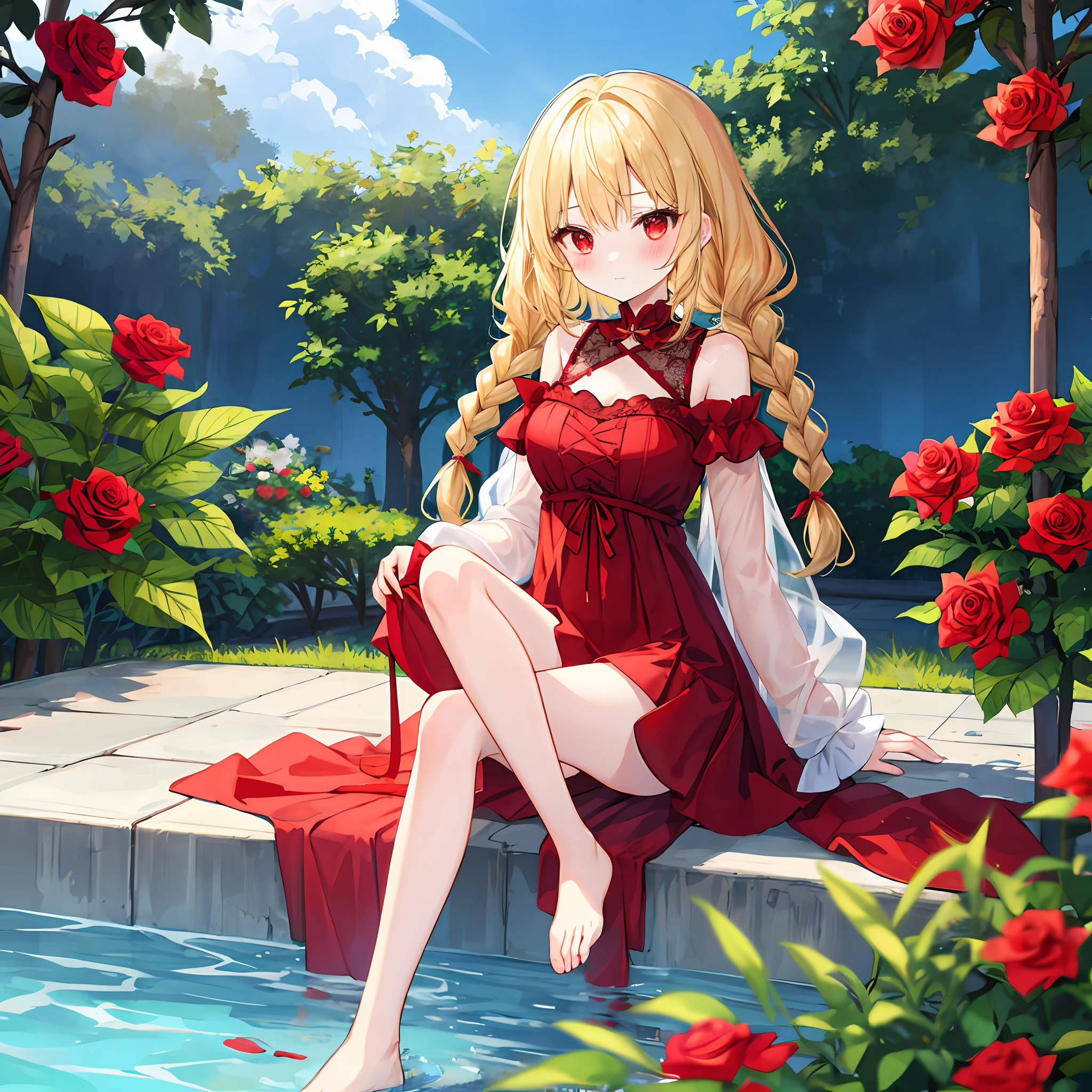 Wavy blonde girl、red eyes、独奏、red blush、doress、off shoulders、rose garden、sitting on、Foot braids