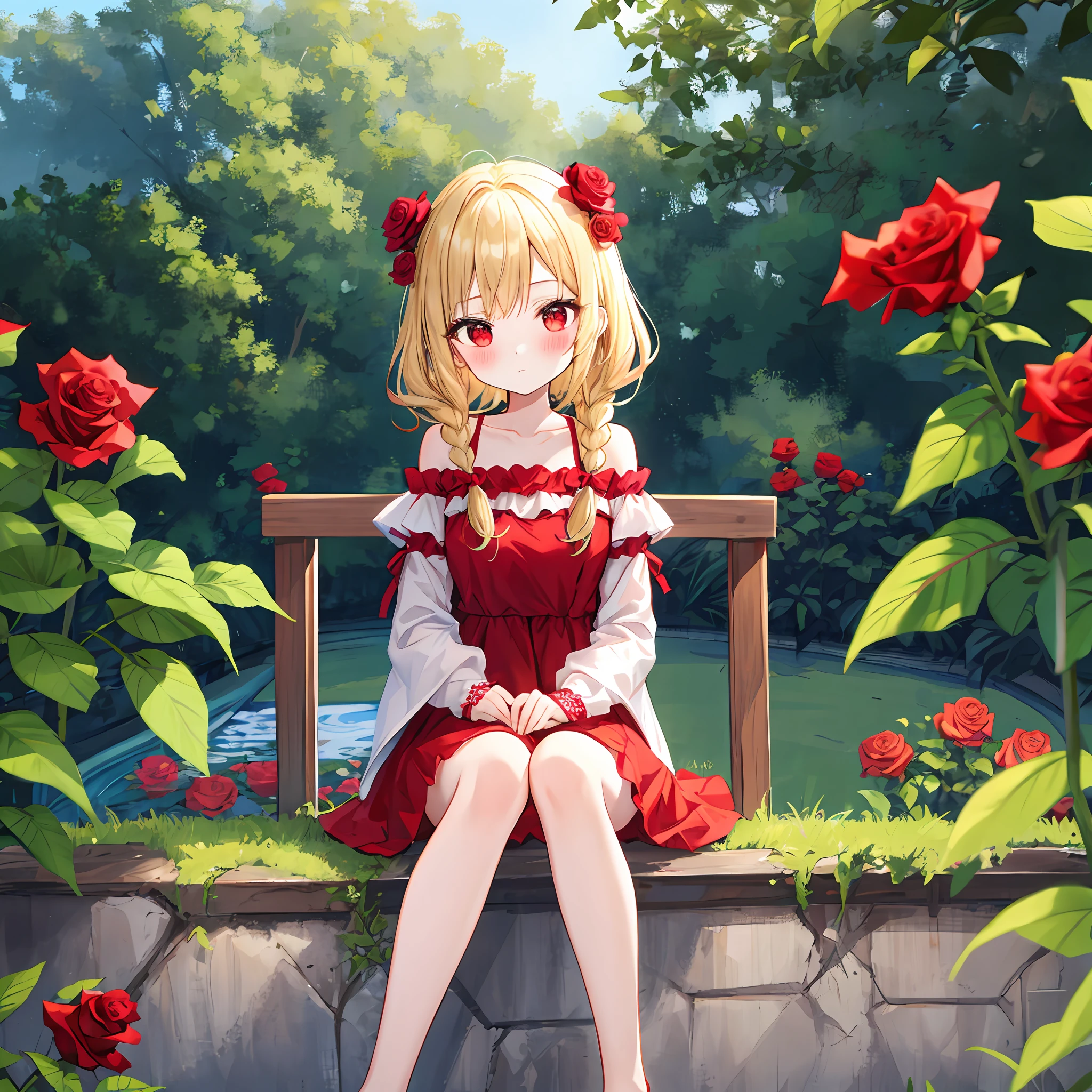 Wavy blonde girl、red eyes、独奏、red blush、doress、off shoulders、rose garden、sitting on、Foot braids