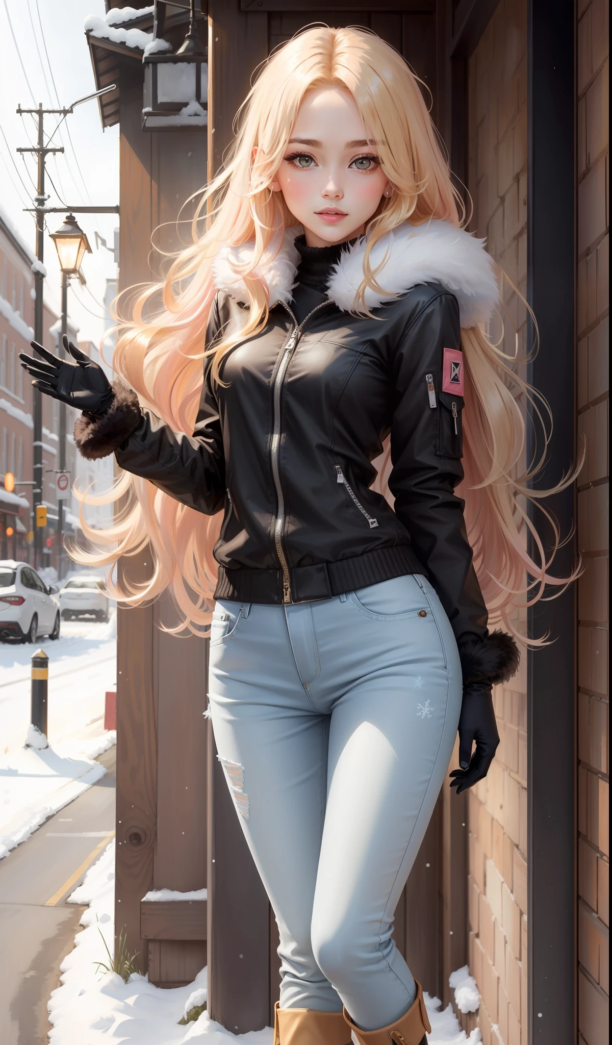 a woman in a jacket with fur, light coloured jeans, black wool gloves, cute face, boots with fur, 17 years old, pretty face , long hair , ((honey coloured hair)) and gleaming detailed vibrant deep brown eyes, slim frame, medium breasts, long legs, beautiful face, standing pose, small glossy pink lips, winter themed, full body, beautiful face