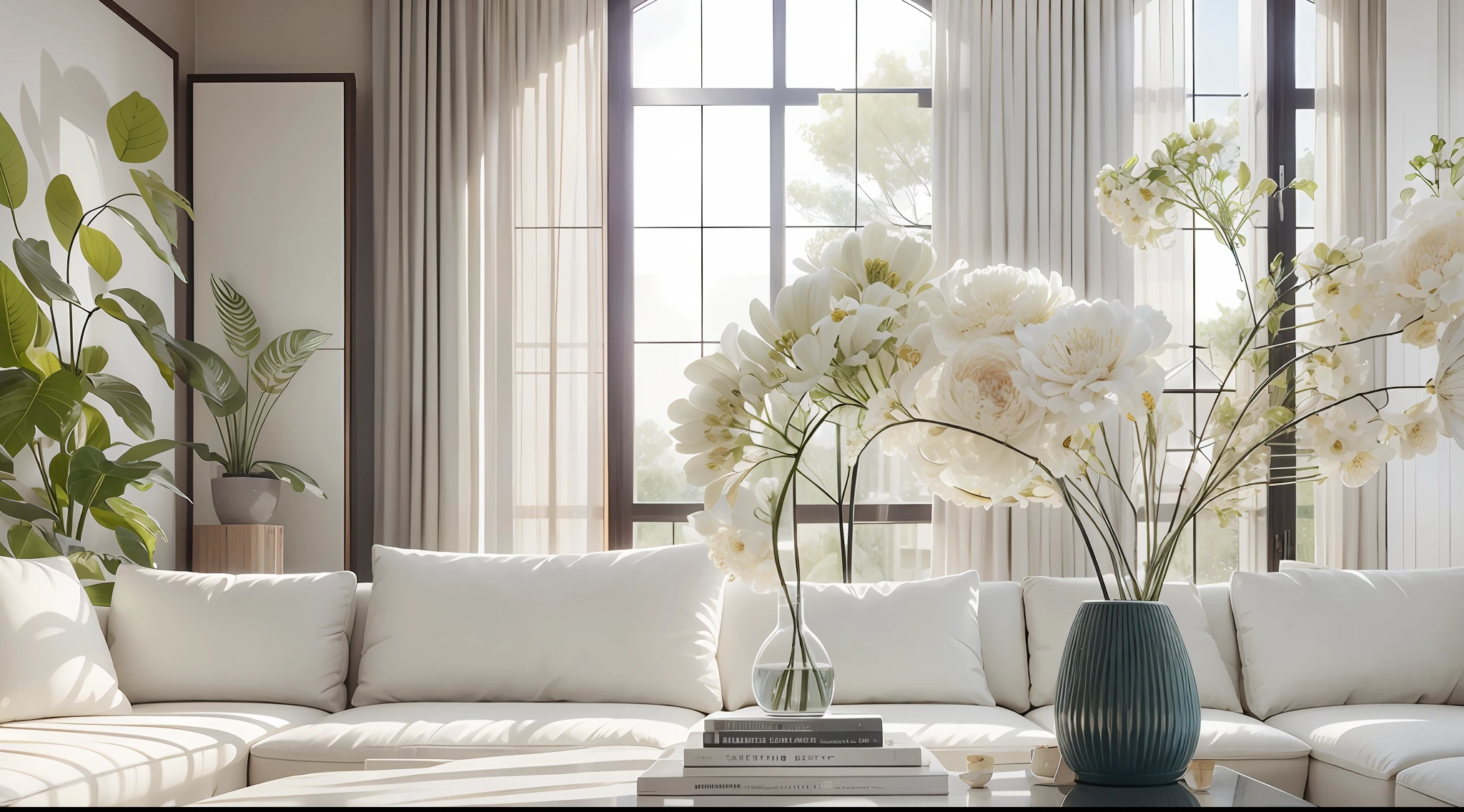 Large minimalist living room，Master-level works，Rare flowers and plants（1:0.02），sun's rays，No main light design，an award winning masterpiece，Incredible details Large windows，highly  detailed，Harper's Bazaar art，fashion magazine，fluency，Clear focus，8K，rendering by octane