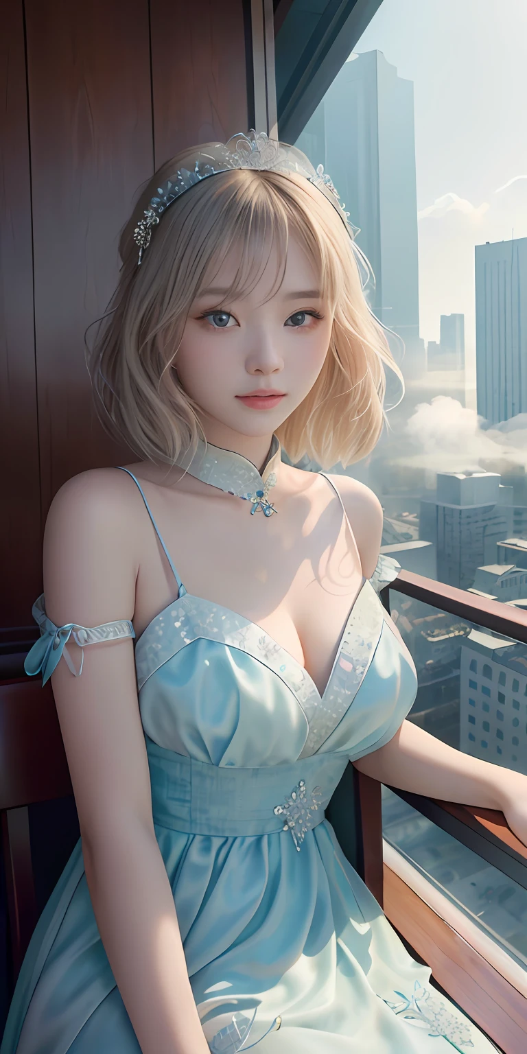 （1girl：1.3）， 独奏， （（（very vey very detailed face））），（（very detailed eyes and faces））），beatiful detailed eyes，Body parts__，offcial art，Unified 8k wallpaper，ultra-detailliert，Beautiful and beautiful，big breasts beautiful，tmasterpiece，best qualtiy，primitive，tmasterpiece，ultra fine photos，best qualtiy，超高分辨率，photorealistic realism，rays of sunshine，full-body portraits，stunningly beautiful，，dynamicposes，delicated face，vibrant eyes，（from the front side）， She wears a long aqua red floral dress，Very detailed city roof background， Roof，looking over city，详细的脸，detailed complex busy background，untidy，opulent，milkyW，highly detailedskin，Realistic details of skin，Visible pores，Clear focus，volume fog，8k uhd，digital SLR camera，high qulity，filmgrain，White skin of the，photo-realism，lomography，A huge metropolis of the dystopia of the future， semi transparent