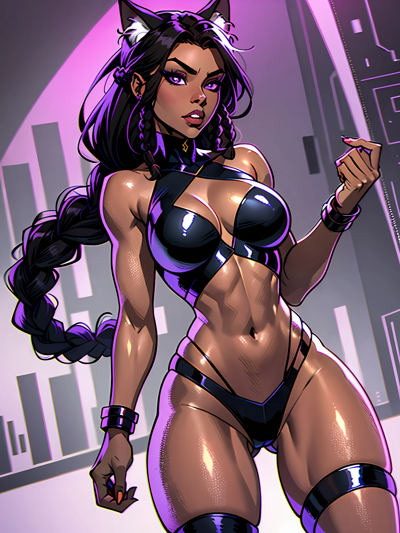 Masterpiece, Excellent, 1girl, solo, complex details, color diffusion, comic book, anime, marvel, DC, catgirl, dark skin, ebony, brown skin, dark-skinned female, thighs, cat ears, dark hair, black hair, braids, dreadlocks, braided hair, purple eyes, skimpy attire, epic attire, assassin, badass, deadly but sexy, trending, demon, goddess, Super Villain