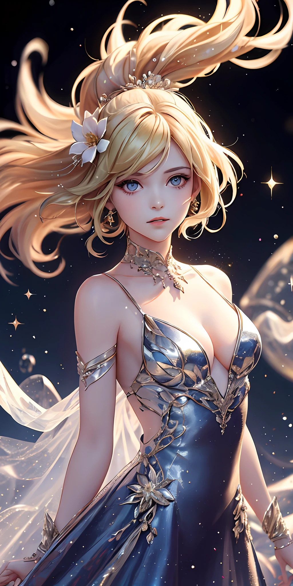 (best quality, masterpiece), 1girl, galaxy, glitter, dress, particle, wind, flower, upper body, dark simple background, looking at viewer, blonde,