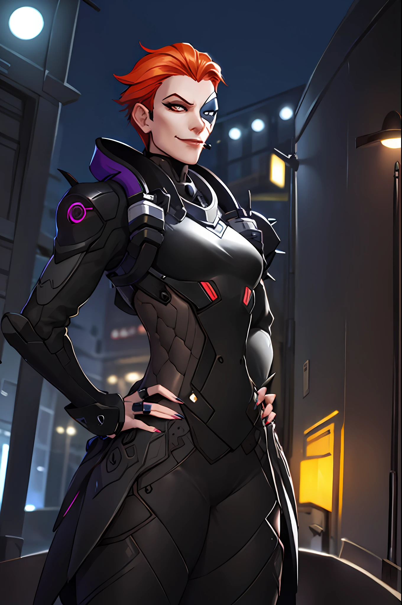 portrait, waist up, moira, bodysuit, hands on hips, confident pose, heterochromia, half-mask, long fingernails, cruel smirk, glowing, arrogant face expression, moonlight, cyberpunk city street, night,  best quality