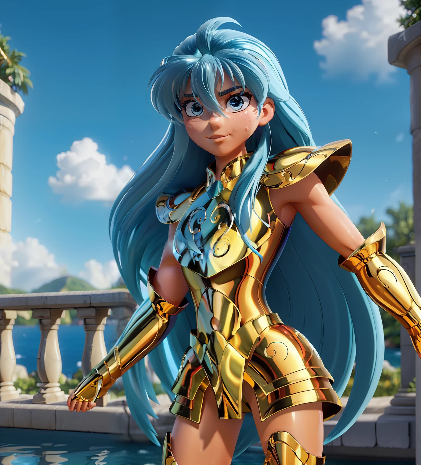 Ultra-high saturation（tmasterpiece）， fully body photo，（best qualtiy），（1girll）， fully body photo，sface focus， Wearing golden Aquarius armor，Iceberg background，sexy armor，No underwear，Bling armor，Fine fine skin，Plump breasts，Bare legged，cool-pose， Saint Seiya Armor， messy  hair，highly detailed realistic photograph of，god light， super sharp focus， Ultra high quality,，with dynamism， Long hair,，(Shiny skin:1.4)，Shiny lips sexy figure，Ultra-high saturation，hight contrast，High-gloss armor，Smooth skin，Grim expression，lightblue hair