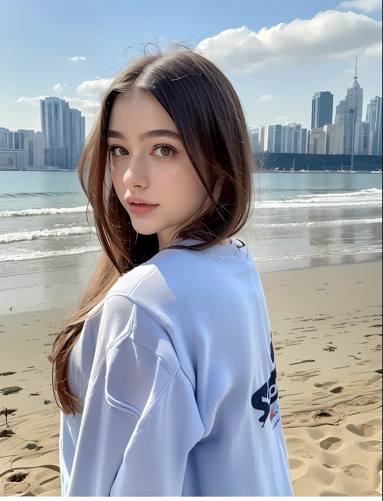 1girl, Dasha, upper_body, ocean, beach, solo, horizon, day, outdoors, long_hair, sky, water, shore, blue_sky, looking_at_viewer, lips, sand, photo_\(medium\), brown_eyes, realistic, upper_body