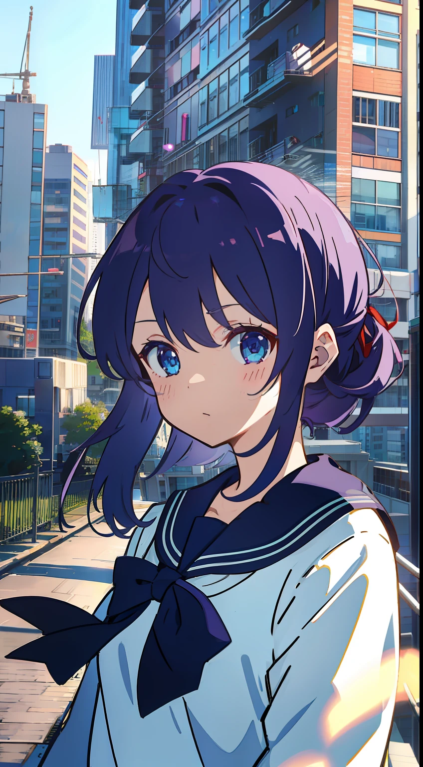 One girl、Purple hair、light blue eyes、masterpiece、Top image quality、top-quality、cute little、Long、highrise buildings、On top of the building、looking-down、a sailor suit、bow ribbon、Straight face、Fluttering hair、natta、