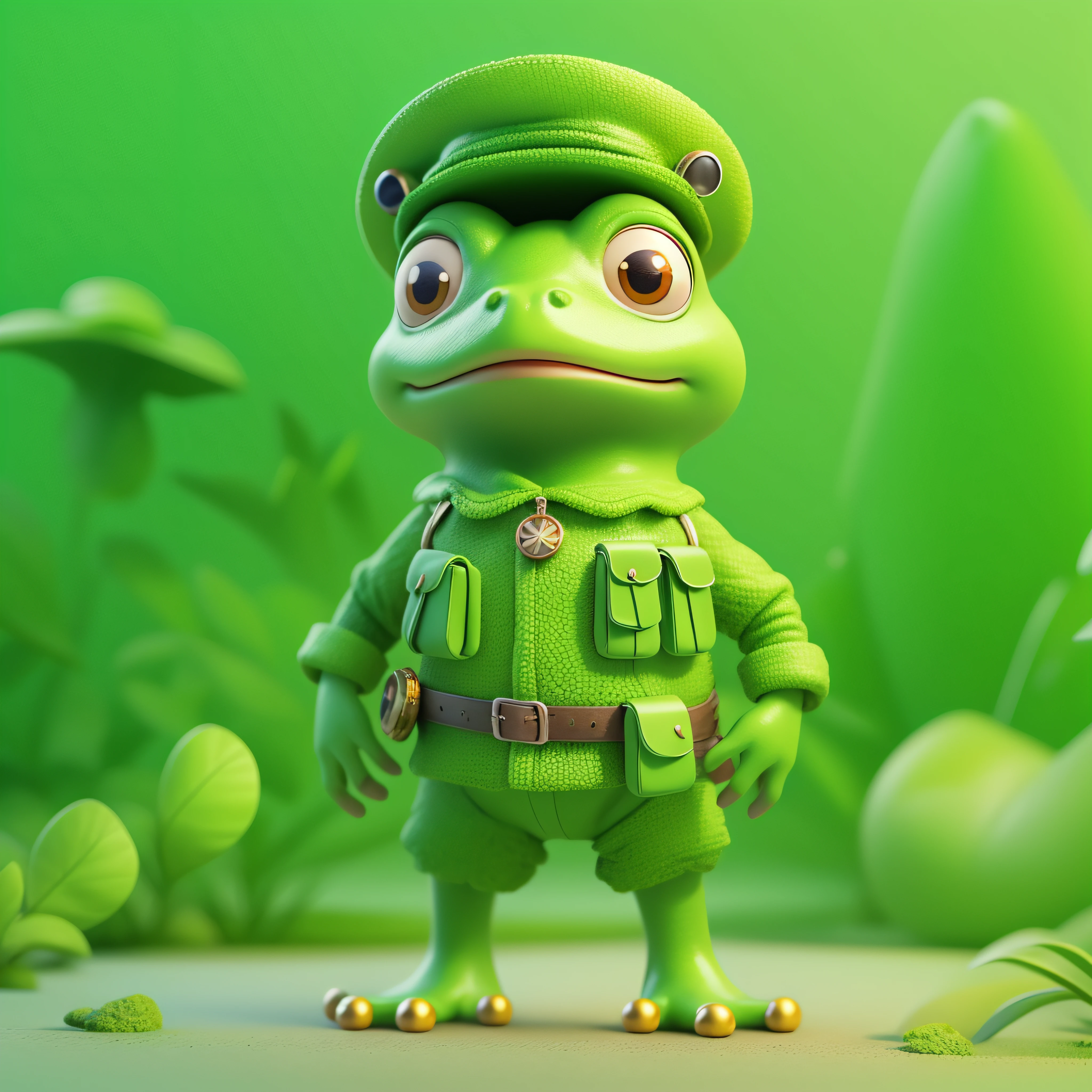 highly detailed 3D render cute frog with soldier costume, kids cartoon style, high detailed textures, soft smooth textures, soft green rocks color gradient in background.