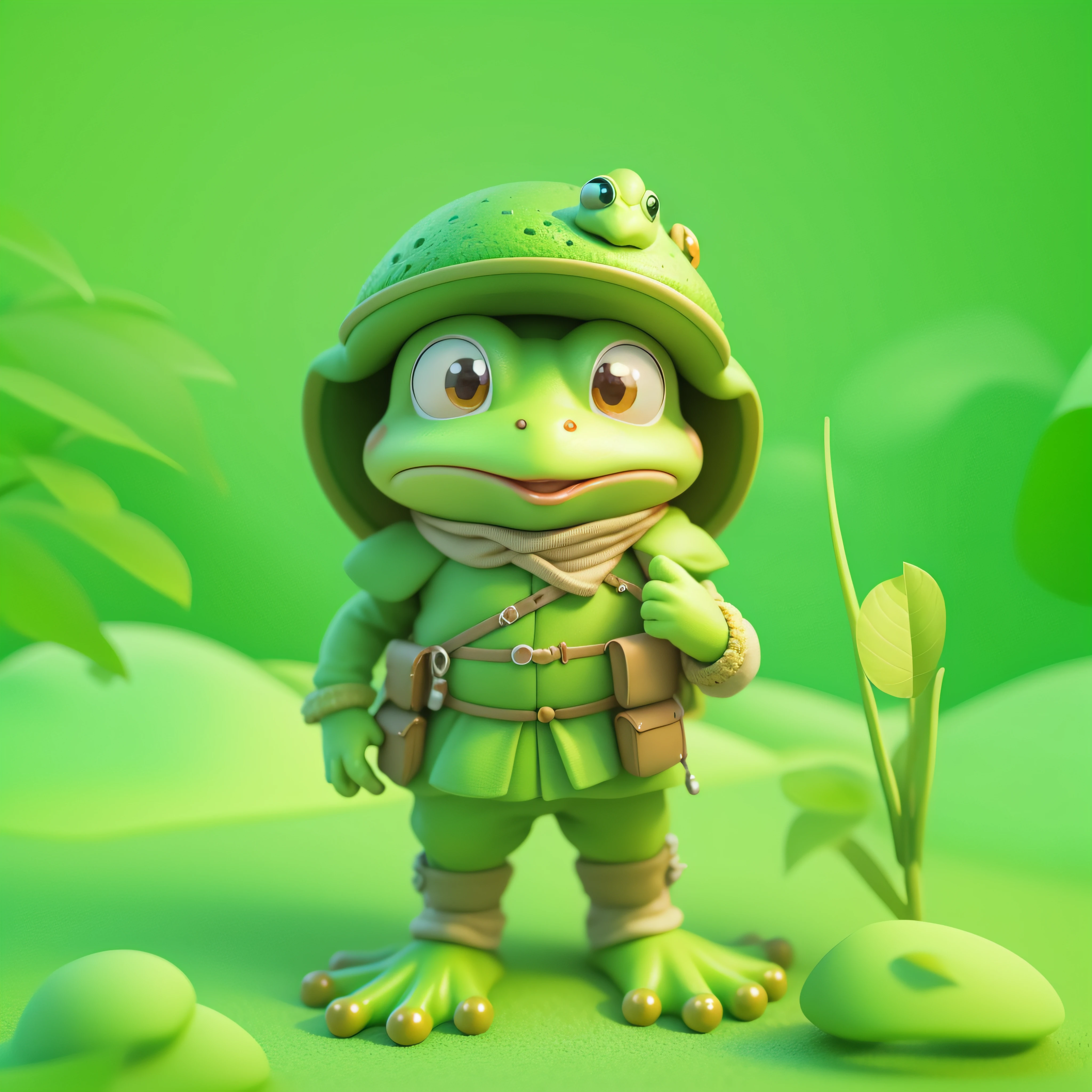 highly detailed 3D render cute frog with soldier costume, kids cartoon style, high detailed textures, soft smooth textures, soft green rocks color gradient in background.